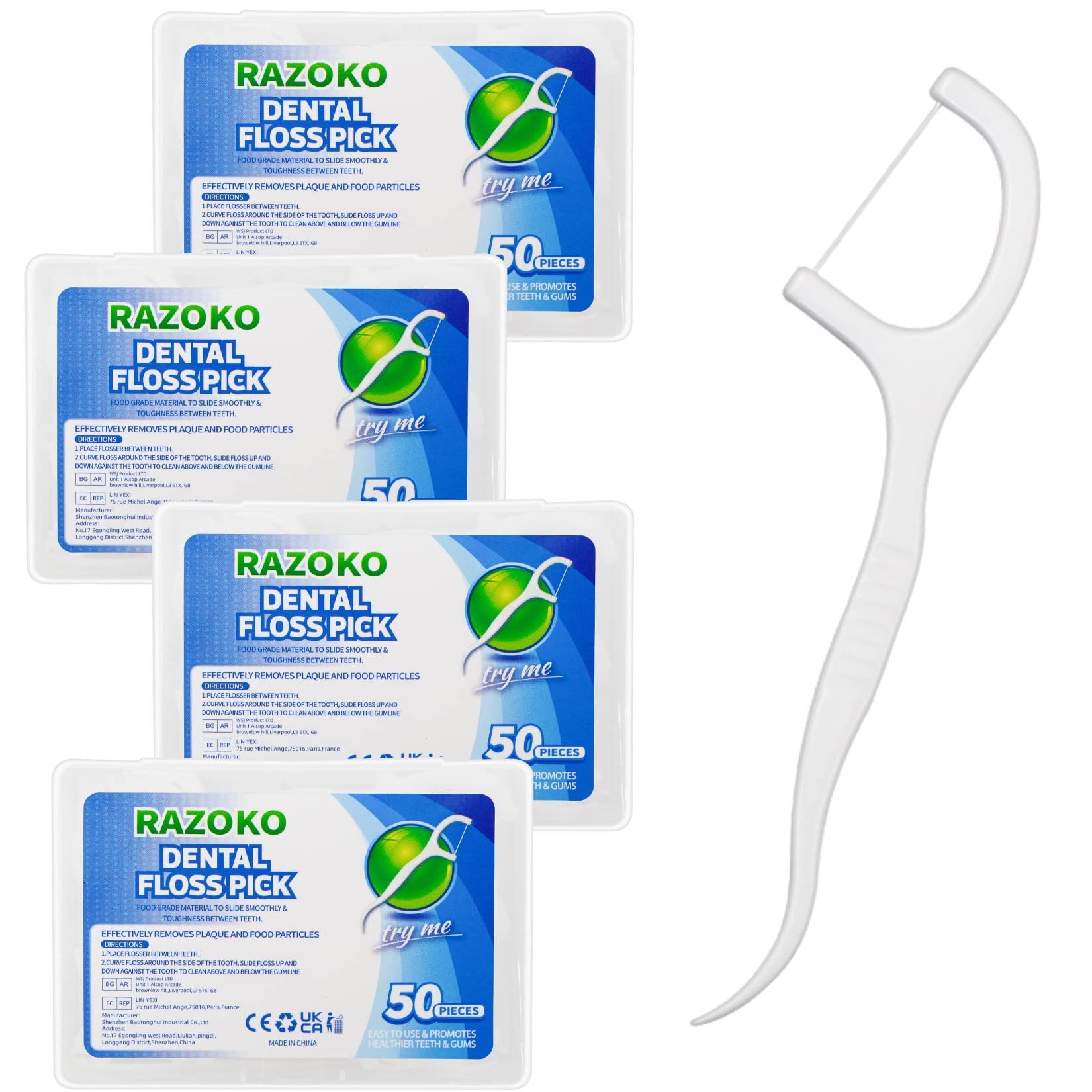 RAZOKO Dental Floss Picks High Toughness Professional Toothpicks Sticks 4-Pack(200pcs) with Portable Case and Dental Picks Perfect for Family,Hotel,Travel