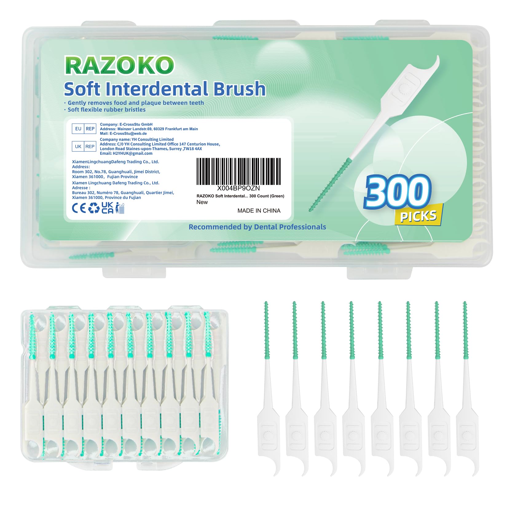 RAZOKO Soft Interdental Brushes Original, Dental Picks for Cleaning Teeth, Disposable Interdental Brushes, with Convenient Carry Case (Green, 300 Count)