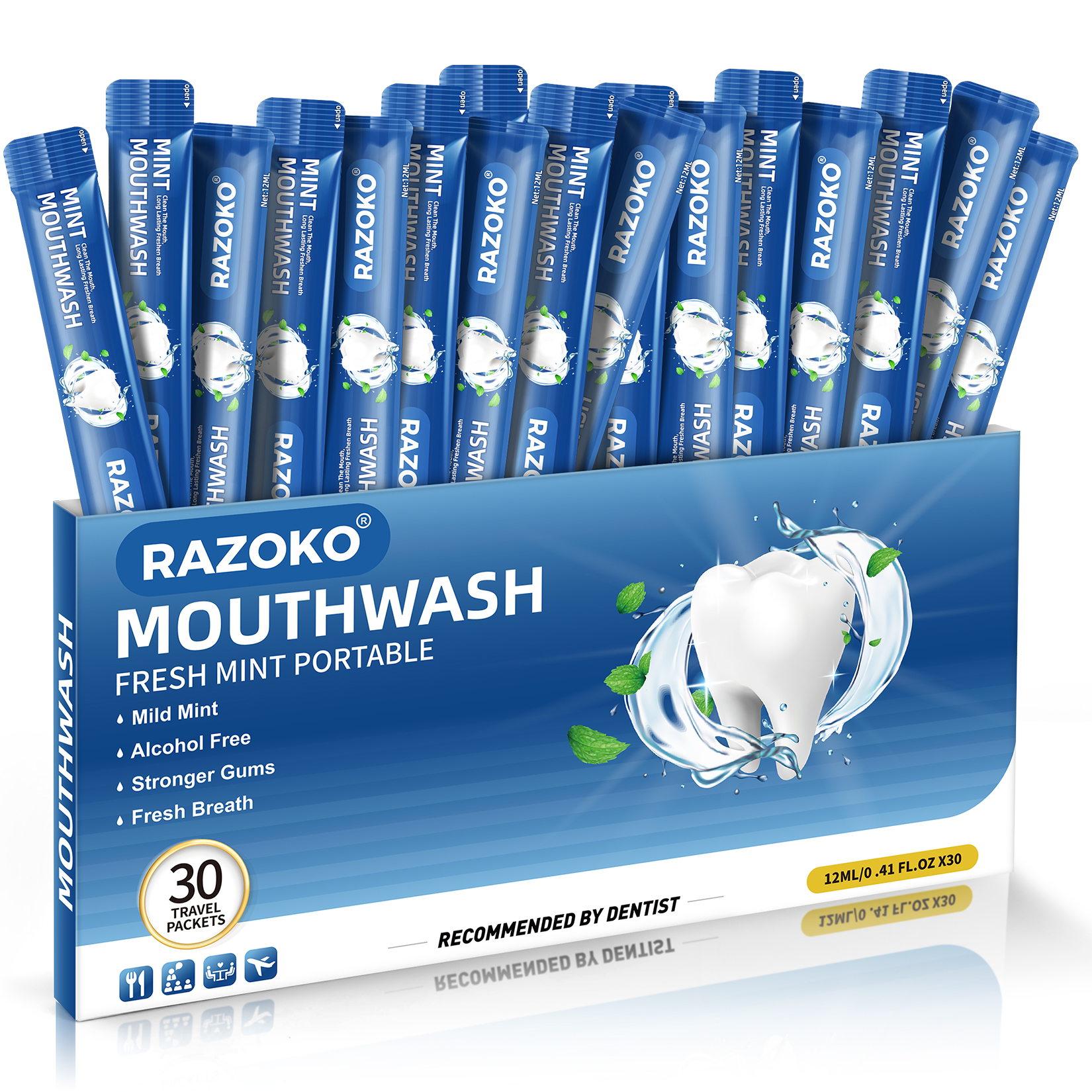 RAZOKO Mouthwash Travel Size-Portable Fresh Mint Packets,Alcohol & Fluoride Free Mouthwash,Disposable Oral Care Strips