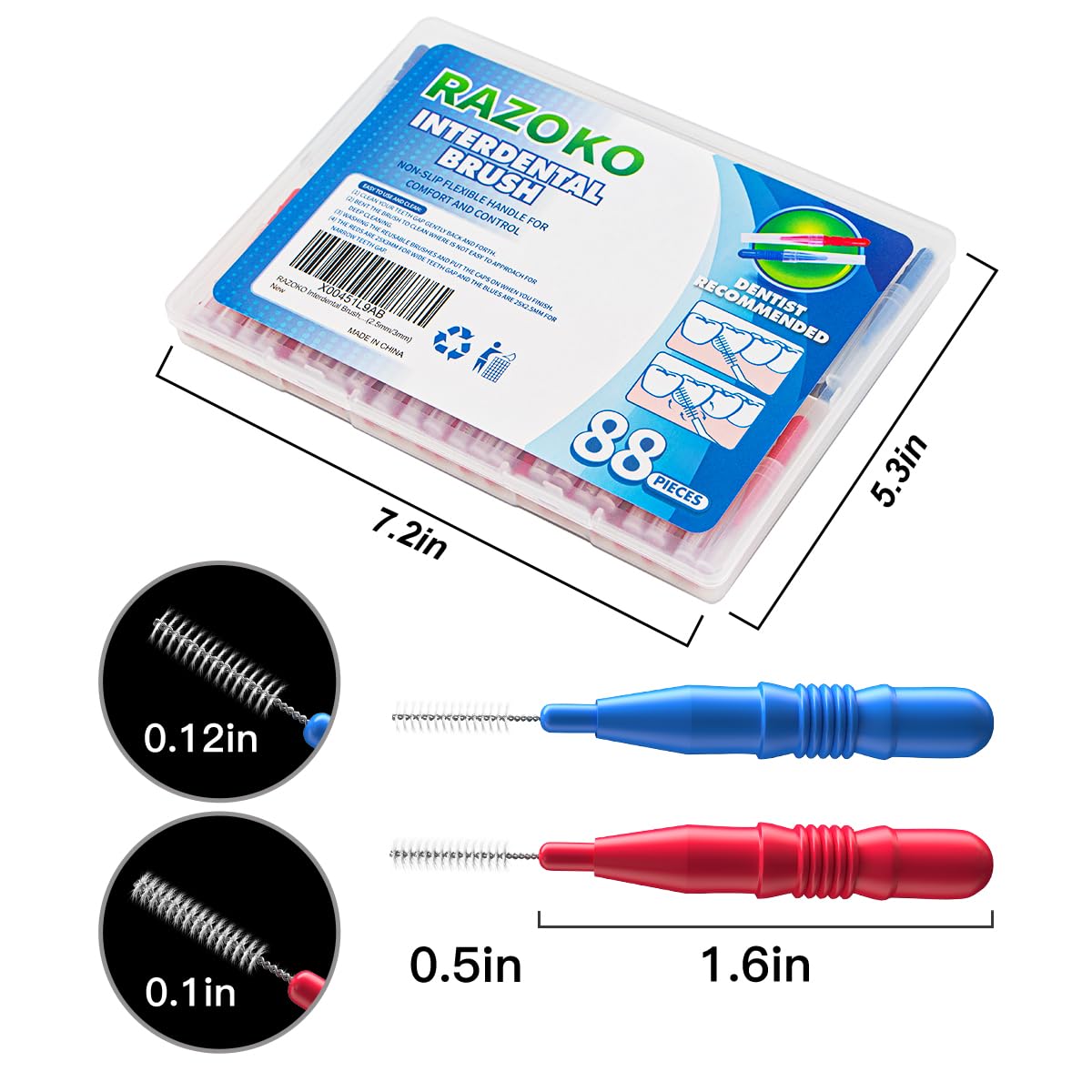 RAZOKO Interdental Brush, Flossing Head,Easy Use Tooth Cleaning Tool (1Pack(2.5mm/3mm)-88pcs)