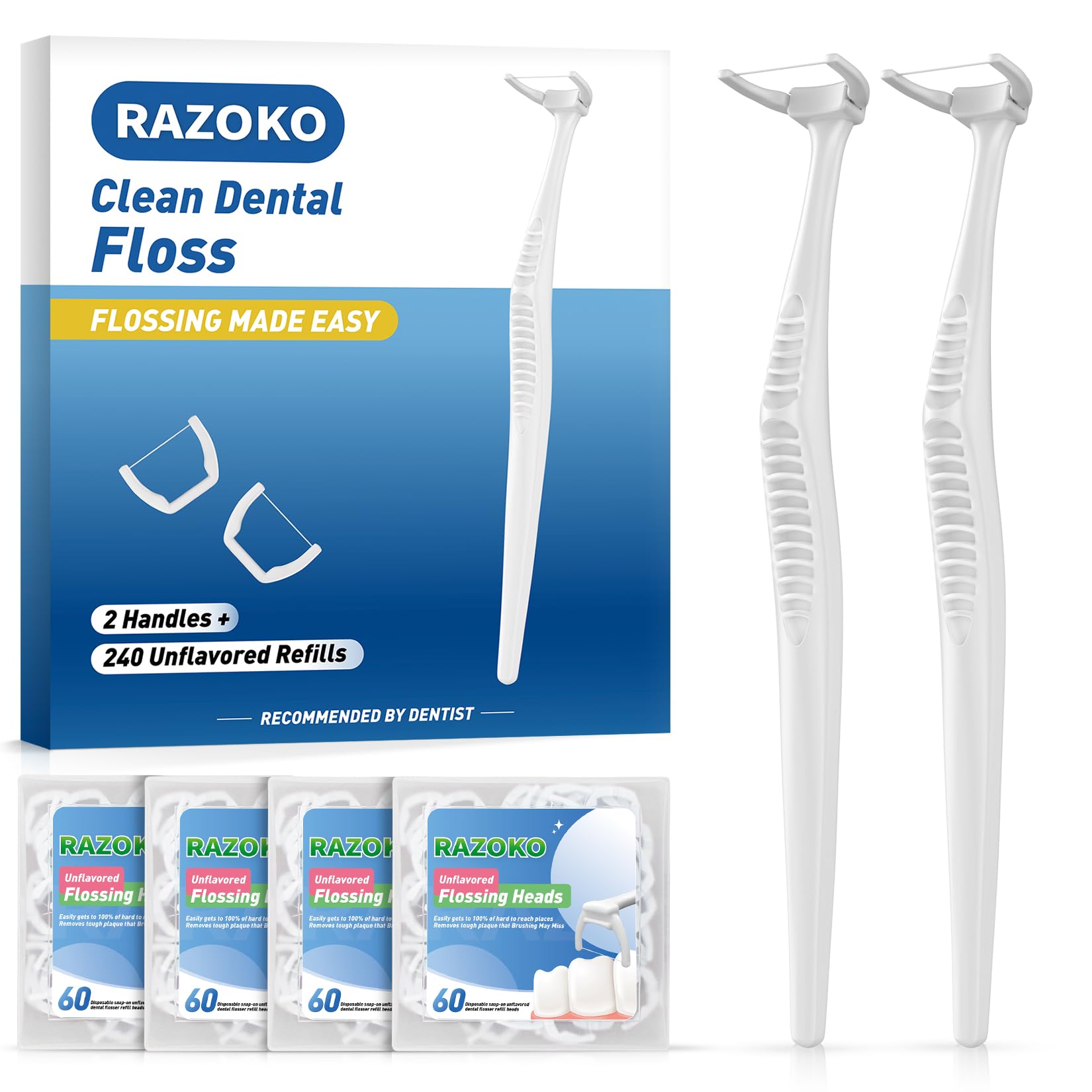 RAZOKO Ultimate Flosser Kit with 2 Handles and 240 Extra Strength Refills