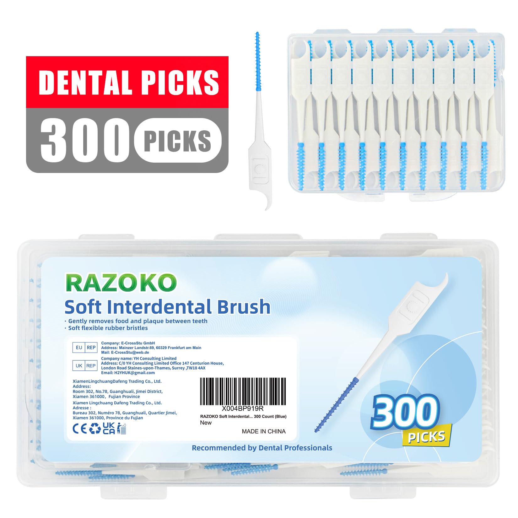 RAZOKO Soft Interdental Brushes Original, Dental Picks for Cleaning Teeth, Disposable Interdental Brushes, with Convenient Carry Case (Blue, 300 Count)