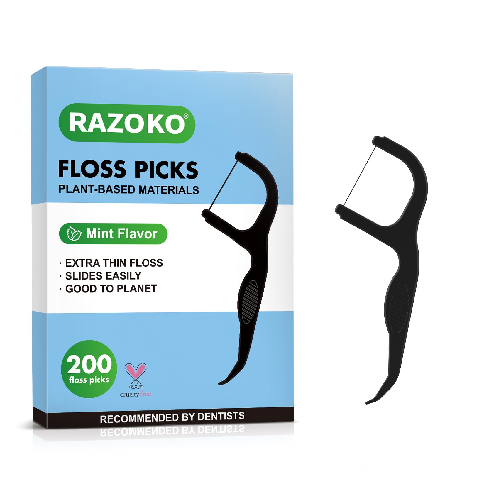 RAZOKO Biodegradable Dental Floss Picks, Charcoal Toothpick Stick Soft On Gum & Teeth, Plant Based Dental Floss Picks for Adults & Kids 200 Count