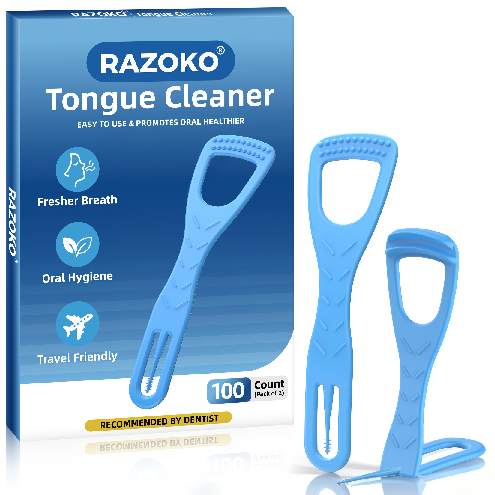 RAZOKO Tongue Cleaner with Safe Fold-Back Tooth Pick,100 Count Disposable Tongue Scraper,Hygienic Scraper for Clean Tongue & Promote Fresh Breath
