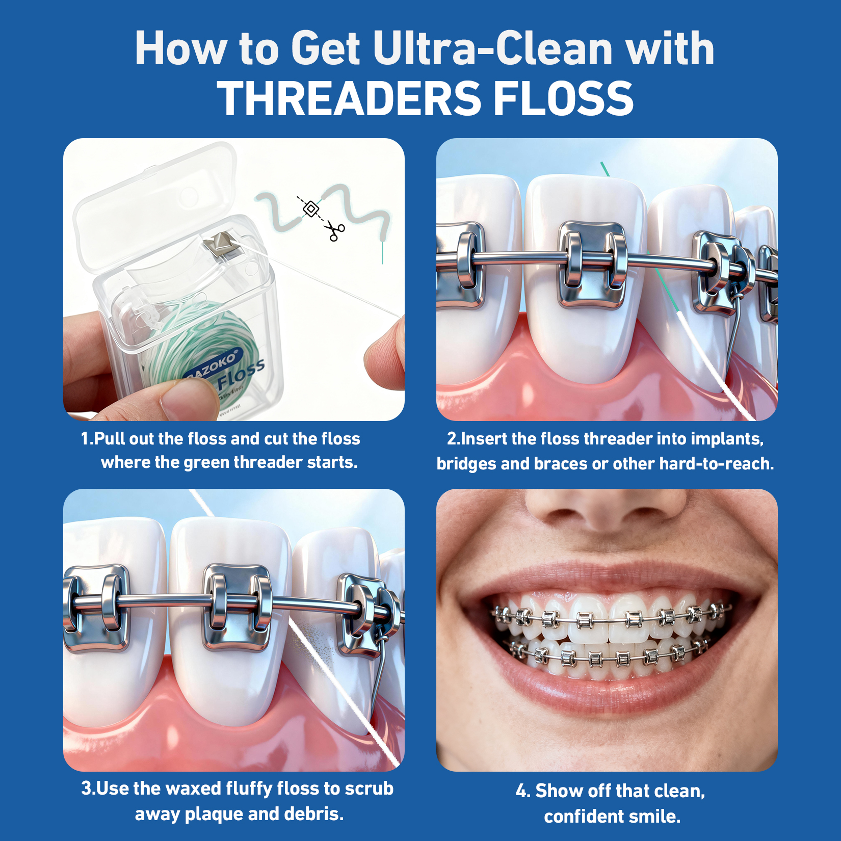 RAZOKO Threader Floss for Braces,Implants,Bridges-130 Count Pre-Measured Strands 2-in-1 Expanding Waxed Dental Floss for Deep Clean,Light Mint Flavored