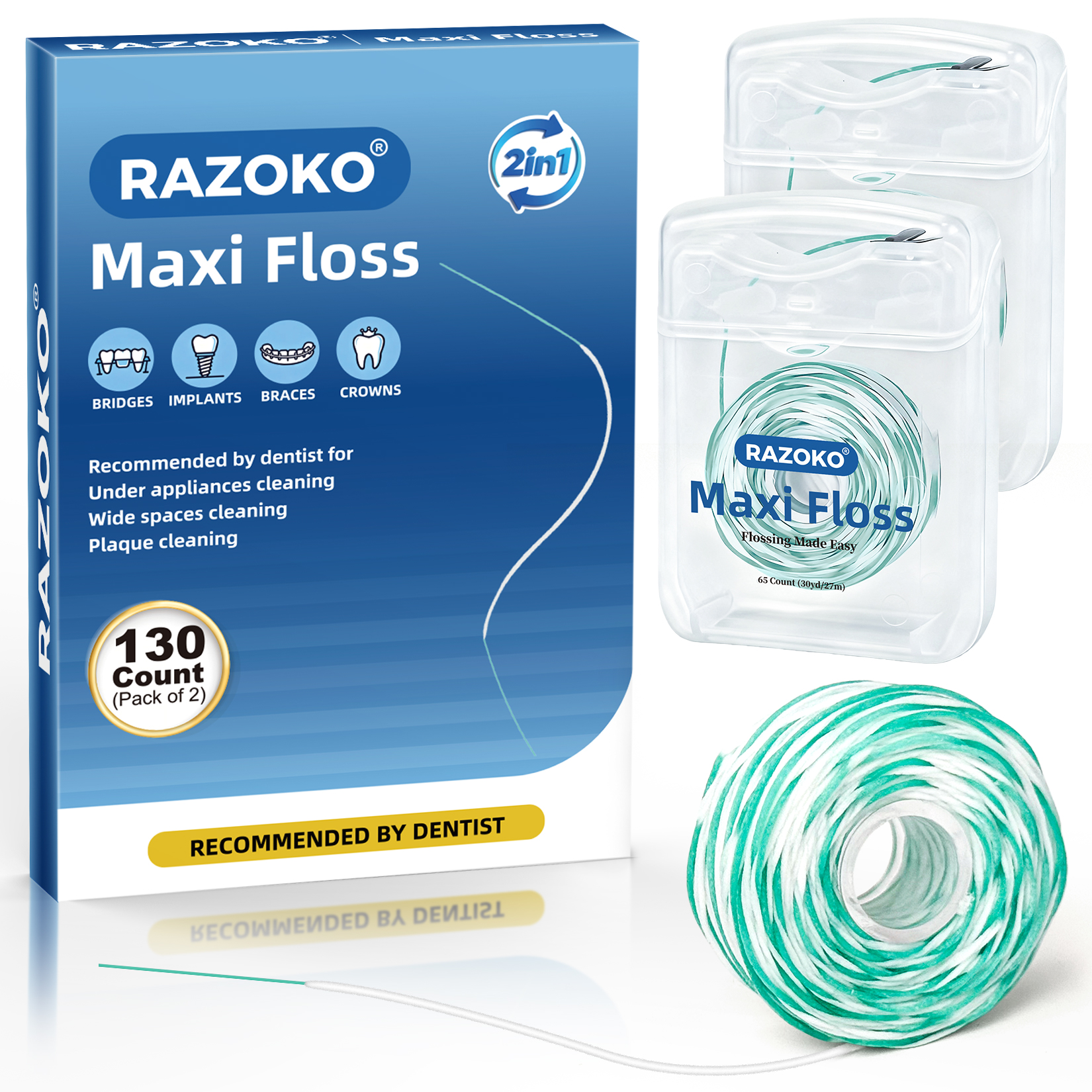 RAZOKO Threader Floss for Braces,Implants,Bridges-130 Count Pre-Measured Strands 2-in-1 Expanding Waxed Dental Floss for Deep Clean,Light Mint Flavored
