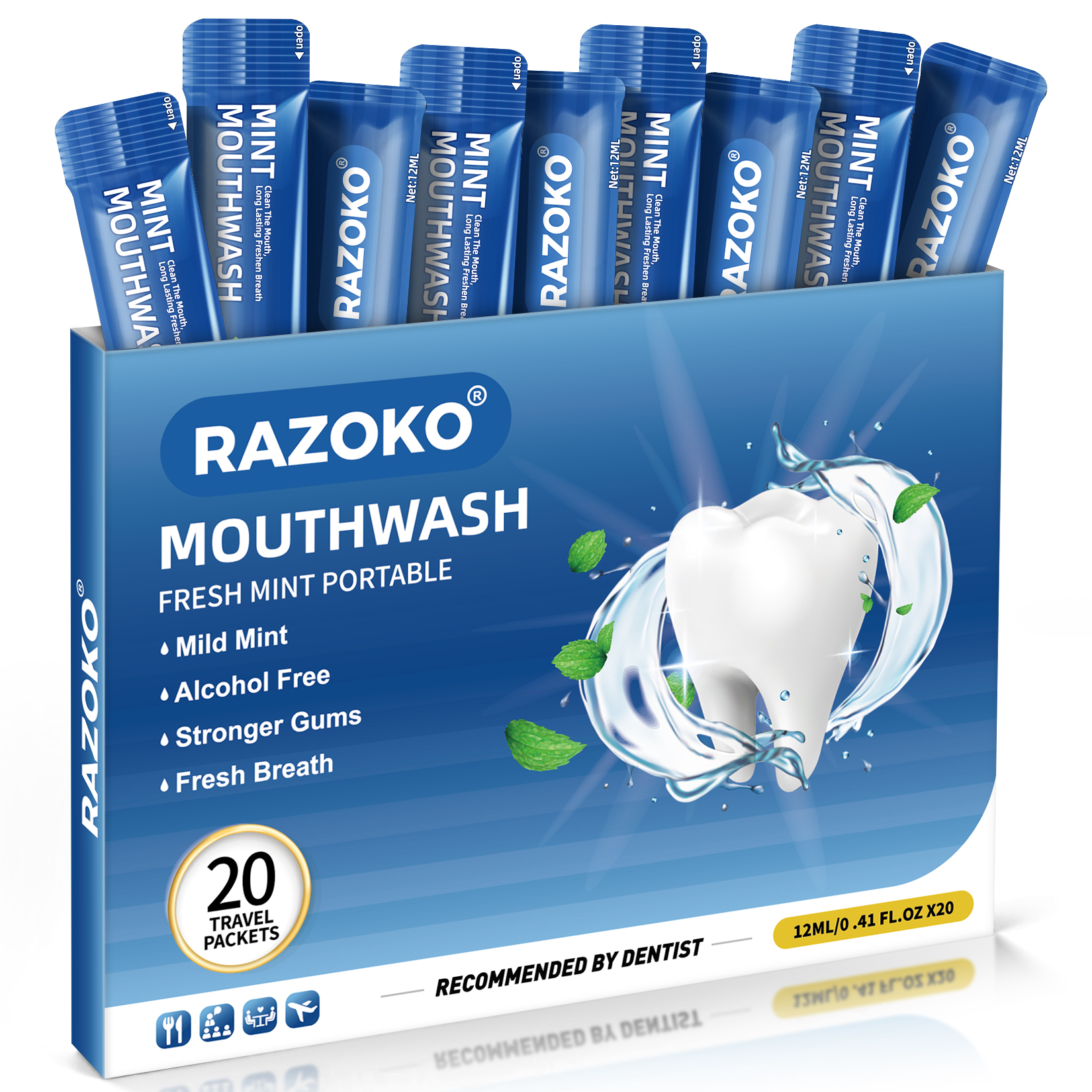 RAZOKO Mouthwash Travel Size-Portable Fresh Mint Packets,Alcohol & Fluoride Free Mouthwash,Disposable Oral Care Strips