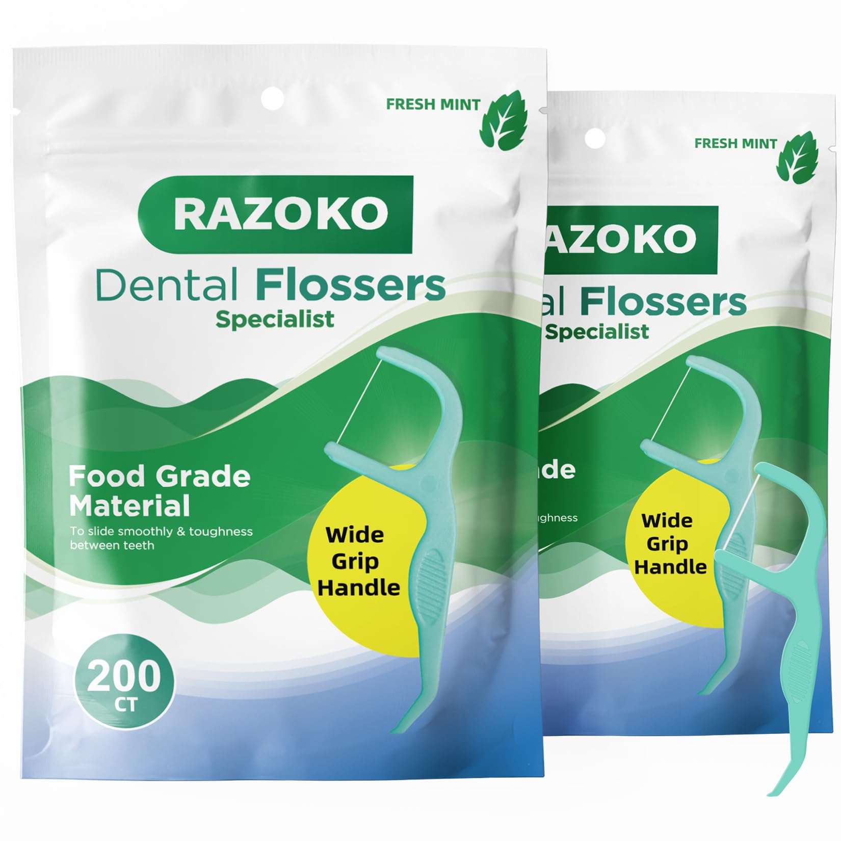 RAZOKO Dental Floss Picks | Toothpick, Shred-Resistant Floss, Easy Grip Handle, Fresh Mint Flavor, 400 Count (Pack of 2)