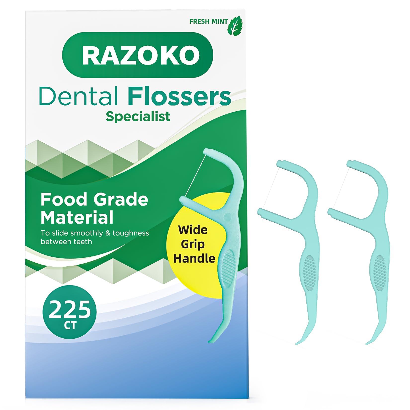 RAZOKO Dental Floss Picks | Toothpick, Shred-Resistant Floss, Easy Grip Handle, Fresh Mint Flavor, 75 Count (Pack of 3)