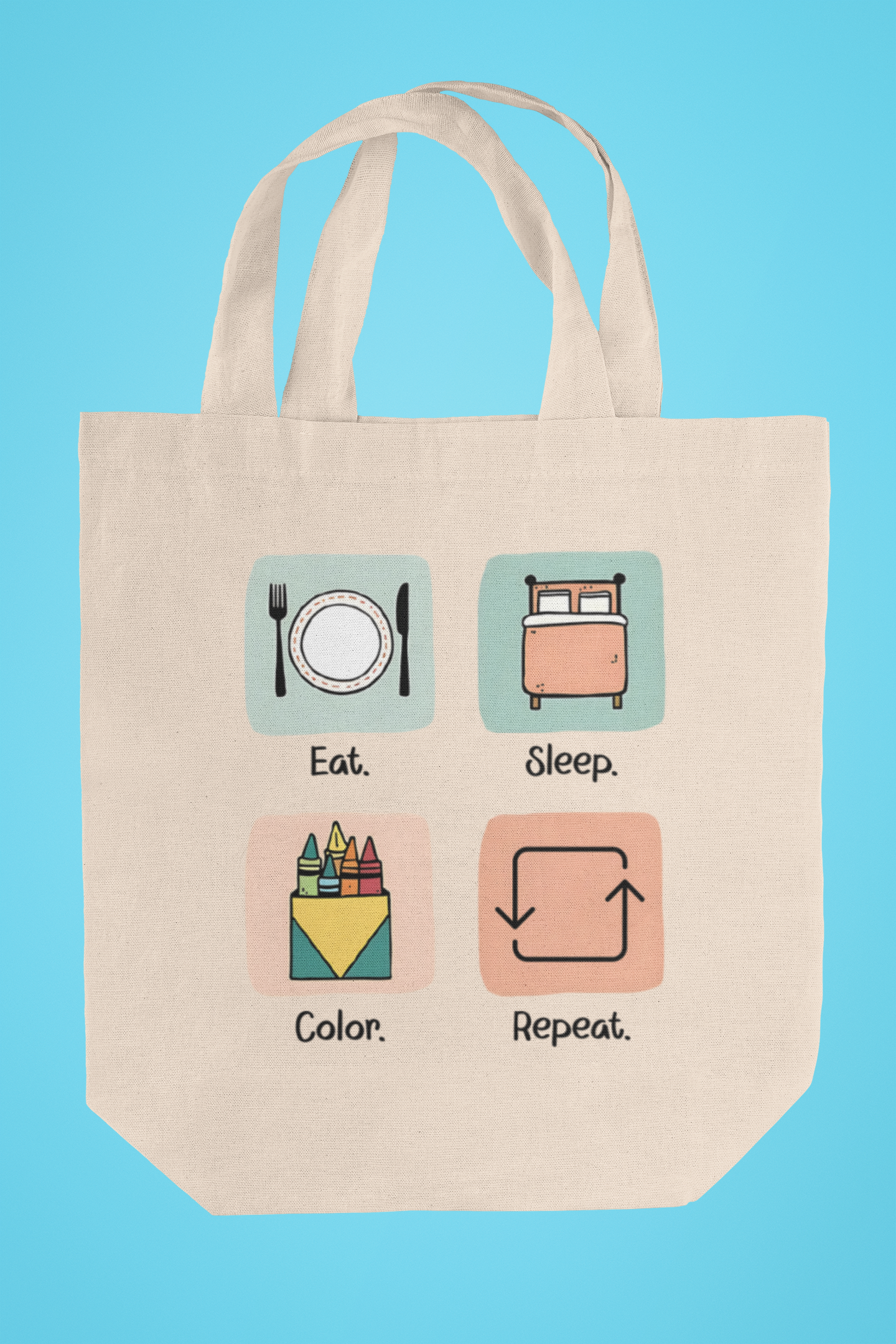 "EAT.SLEEP.COLOR.REPEAT" ICONS CANVAS TOTE BAG