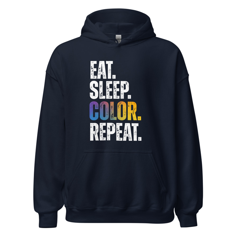 "EAT.SLEEP.COLOR.REPEAT." WHITE TYPOGRAPHY UNISEX HOODIE