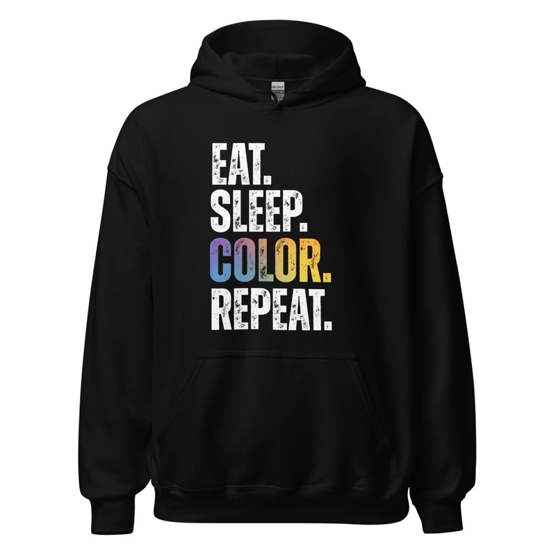 "EAT.SLEEP.COLOR.REPEAT." WHITE TYPOGRAPHY UNISEX HOODIE