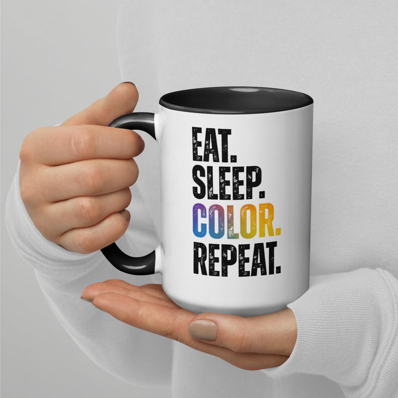"EAT. SLEEP. COLOR. REPEAT." TEXTURED TYPOGRAPHY MUG | 15 OZ GLOSSY WHITE WITH BLACK ACCENTS