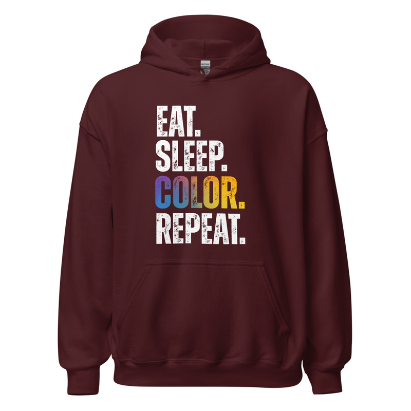 "EAT.SLEEP.COLOR.REPEAT." WHITE TYPOGRAPHY UNISEX HOODIE