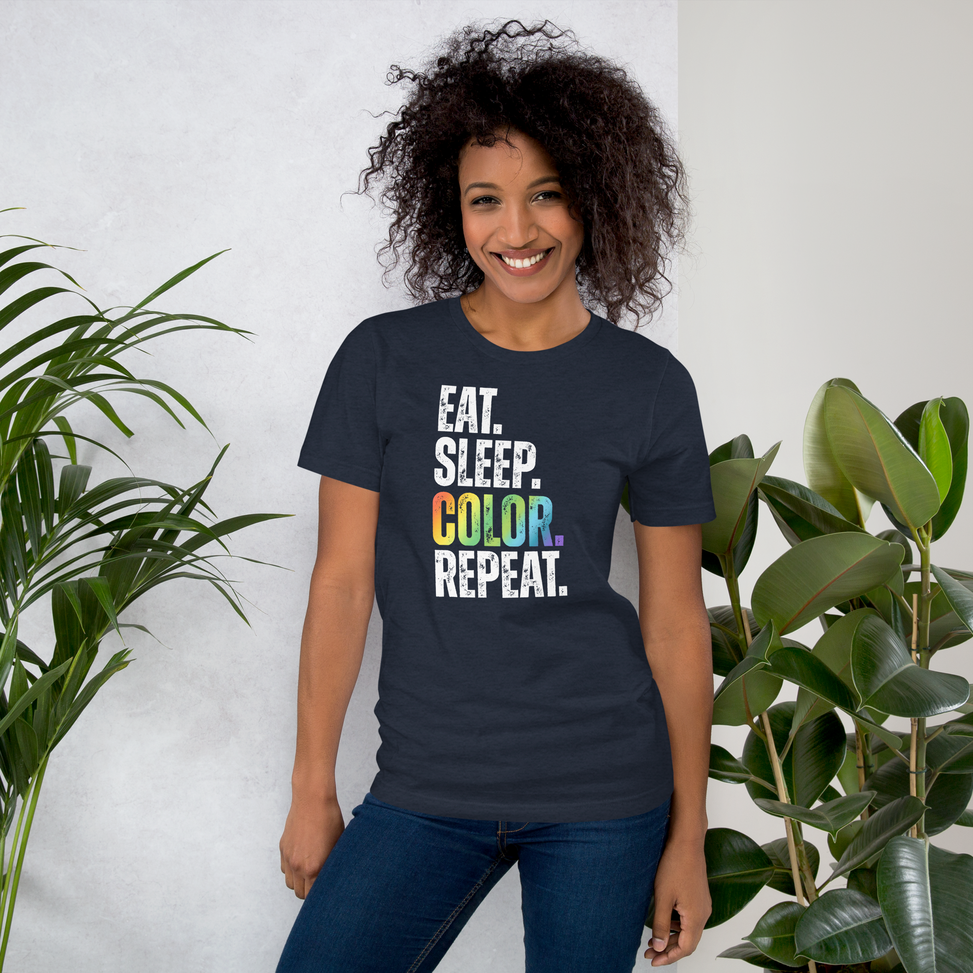 "EAT. SLEEP. COLOR. REPEAT." TEXTURED TYPOGRAPHY WHITE TEXT UNISEX T-SHIRT