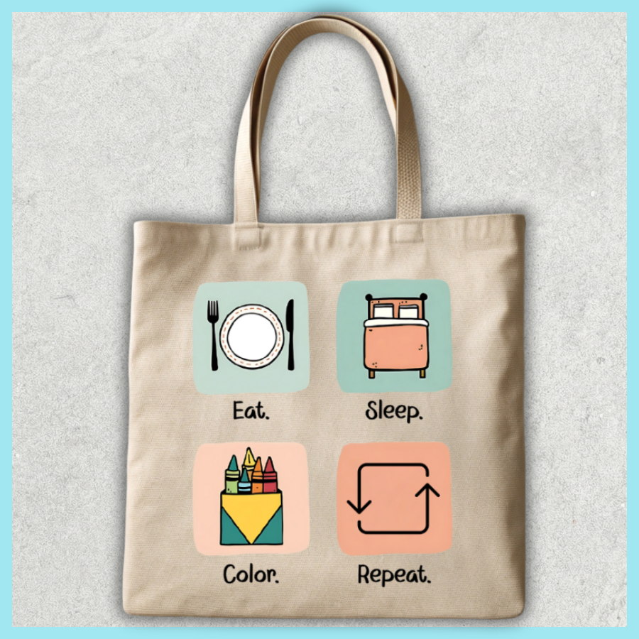 "EAT.SLEEP.COLOR.REPEAT" ICONS CANVAS TOTE BAG