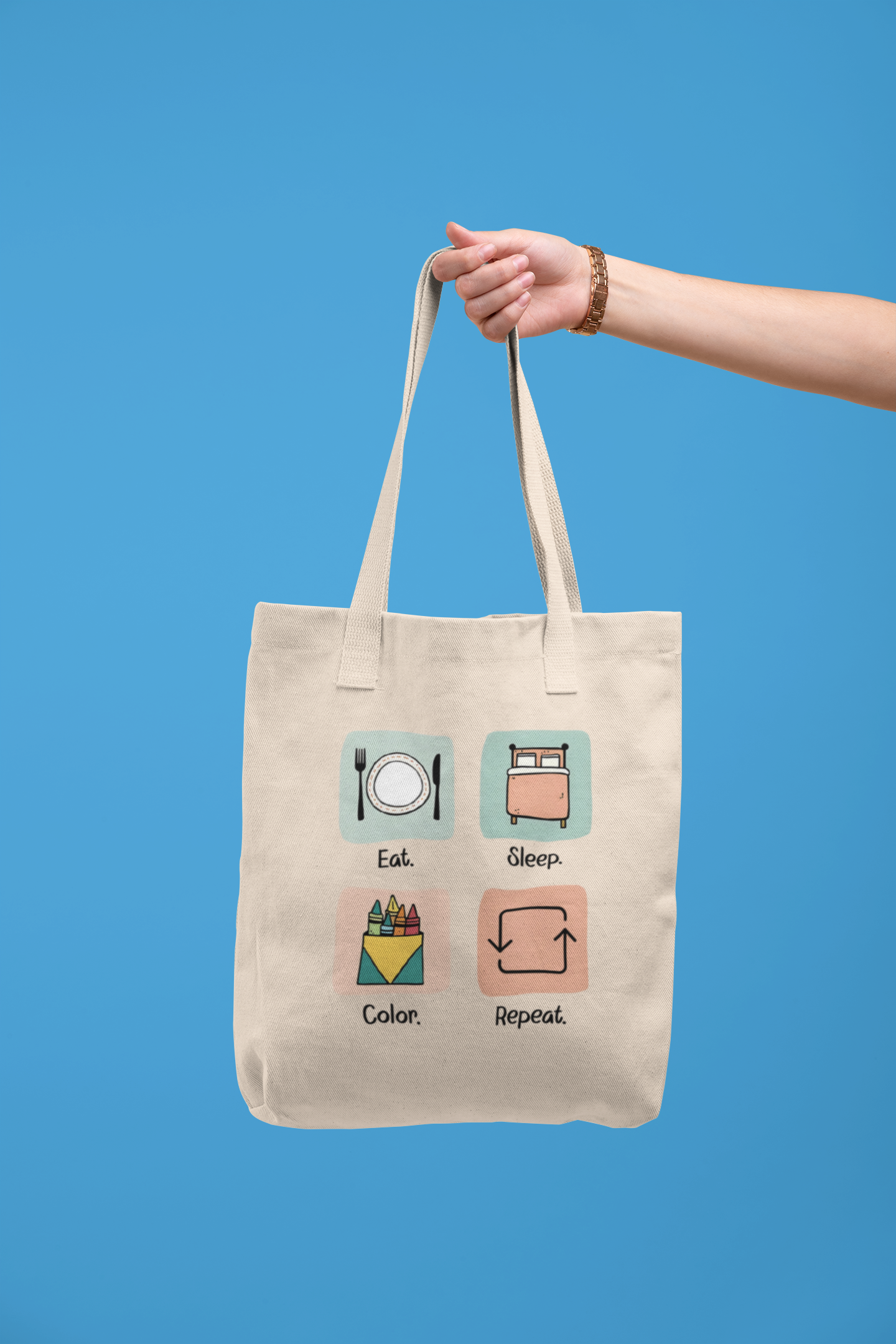 "EAT.SLEEP.COLOR.REPEAT" ICONS CANVAS TOTE BAG