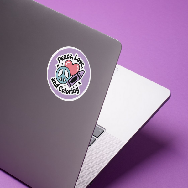 "PEACE, LOVE, AND COLORING" ROUND STICKER