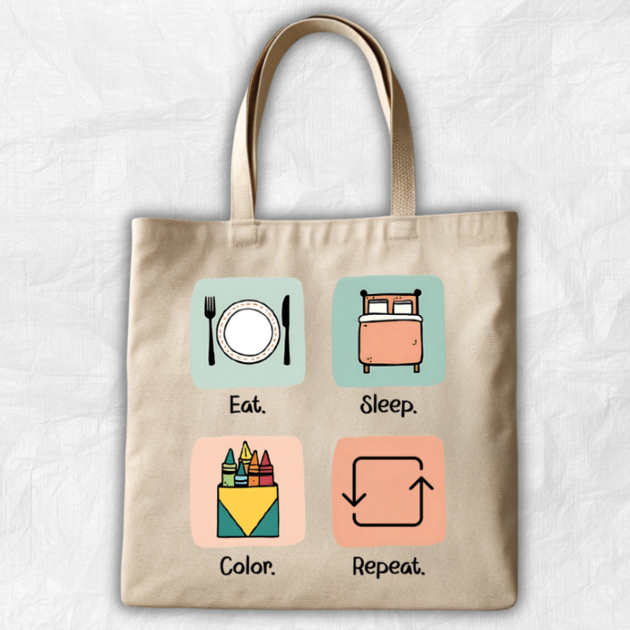 "EAT.SLEEP.COLOR.REPEAT" ICONS CANVAS TOTE BAG