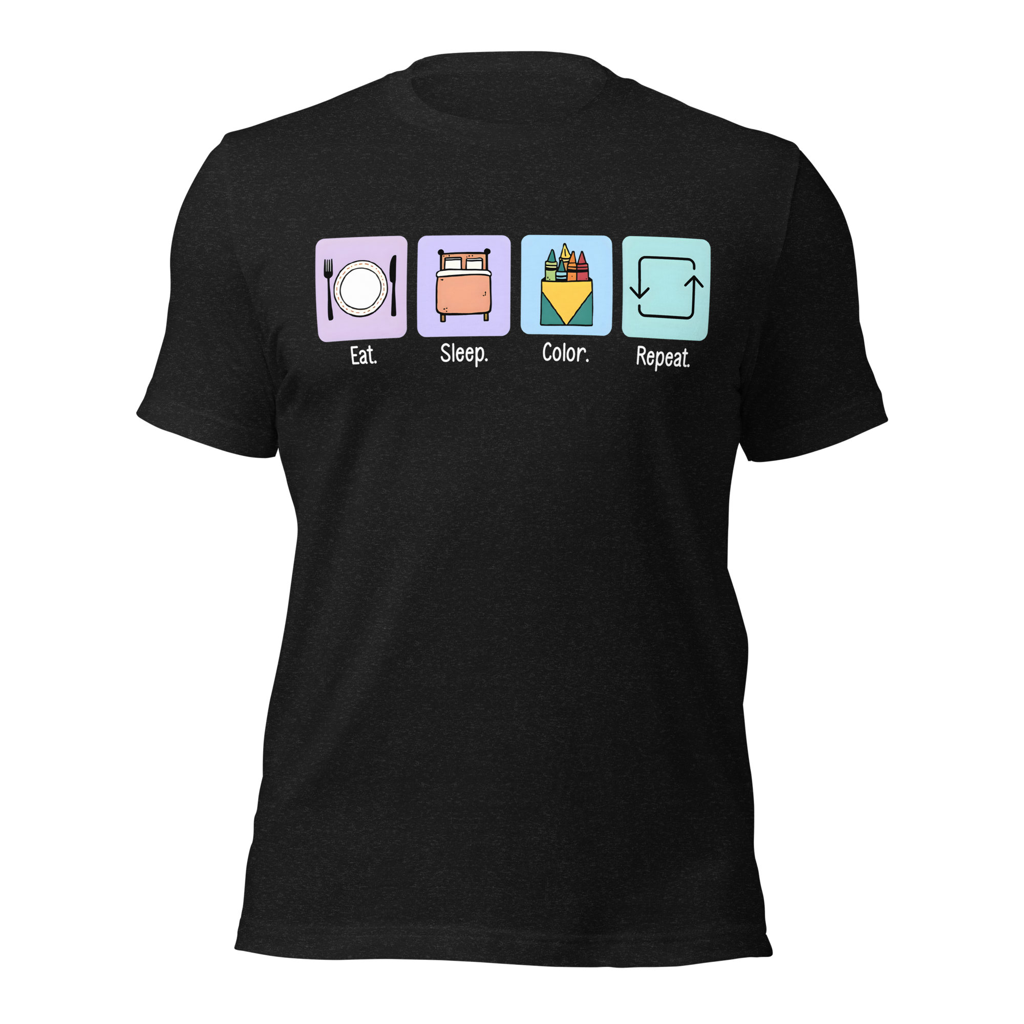 "EAT.SLEEP.COLOR.REPEAT." HORIZONTAL PASTEL ICONS WHITE TEXT UNISEX T-SHIRT