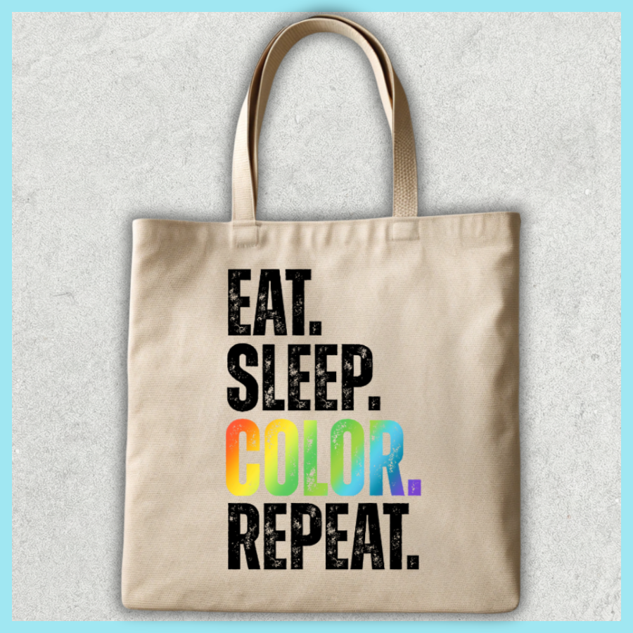 "EAT. SLEEP. COLOR. REPEAT." DISTRESSED TEXT CANVAS TOTE BAG