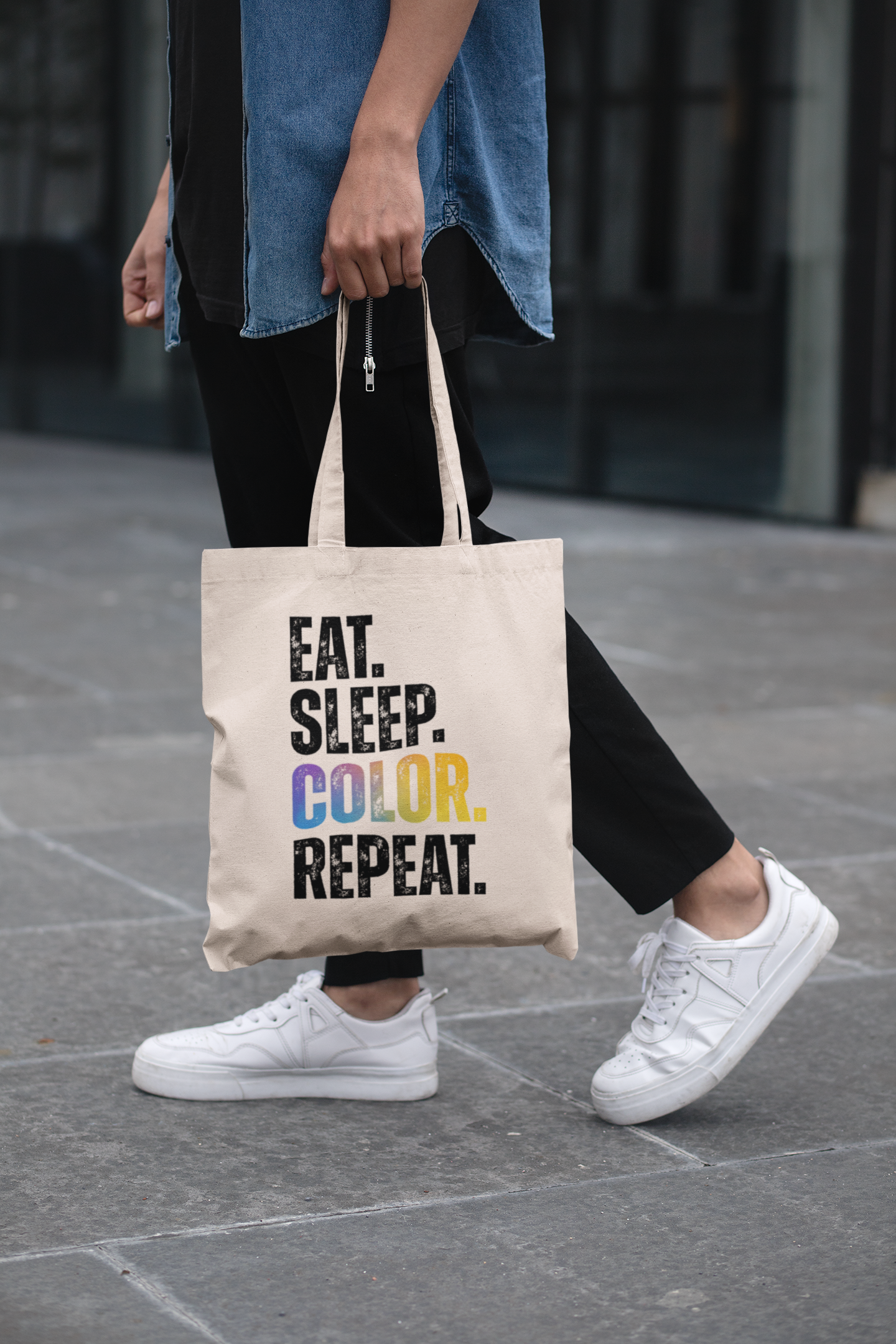 "EAT.SLEEP.COLOR.REPEAT." TYPOGRAPHY CANVAS TOTE BAG