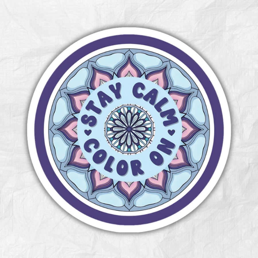 "STAY CALM, COLOR ON" MANDALA ROUND STICKER - 3"