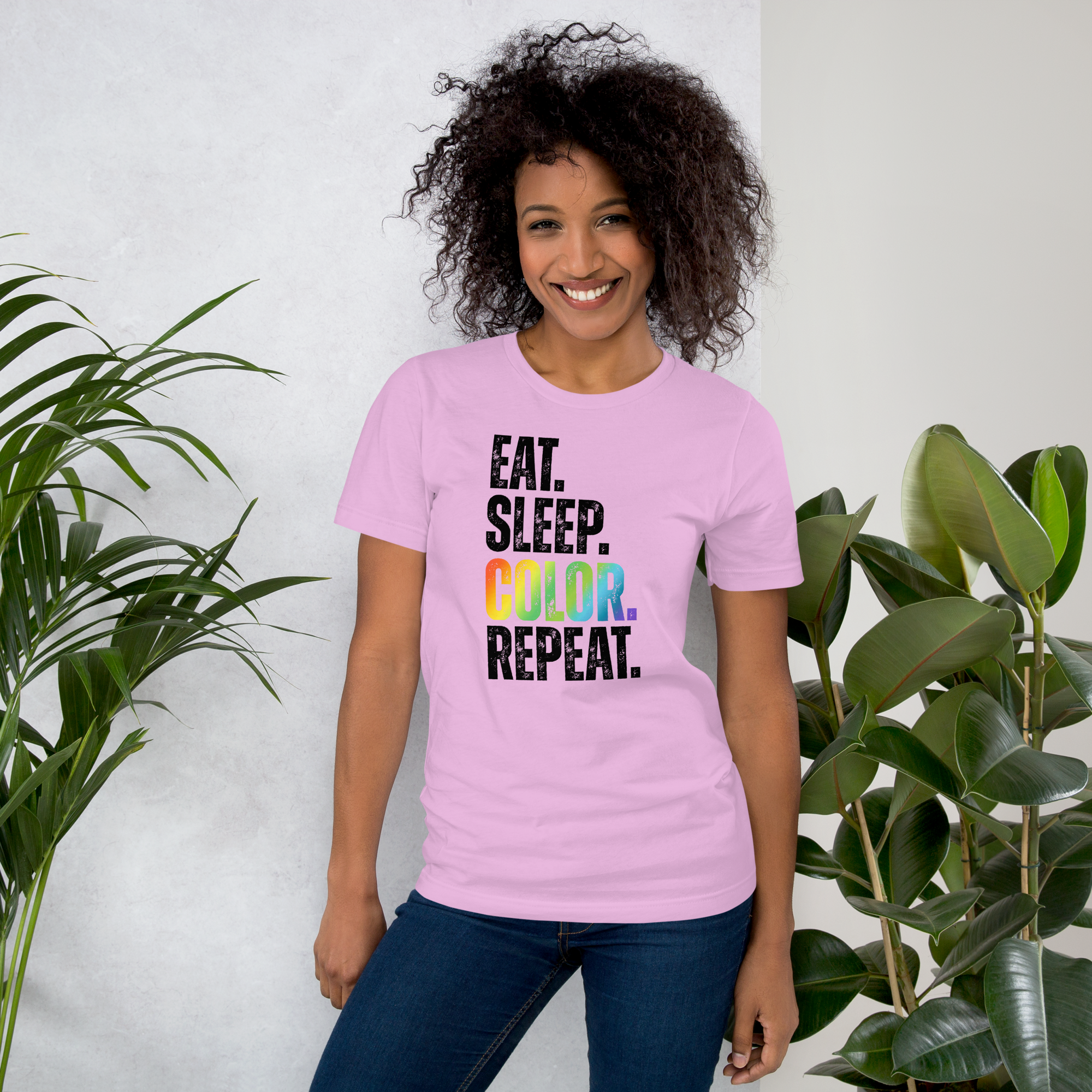"EAT.SLEEP.COLOR.REPEAT" TEXTURED TYPOGRAPHY BLACK TEXT UNISEX T-SHIRT