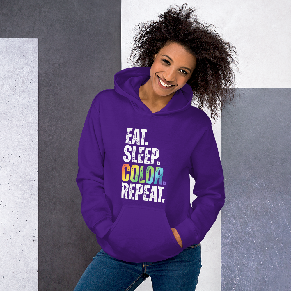 "EAT. SLEEP. COLOR. REPEAT." DISTRESSED TEXT HOODIE | UNISEX PULLOVER
