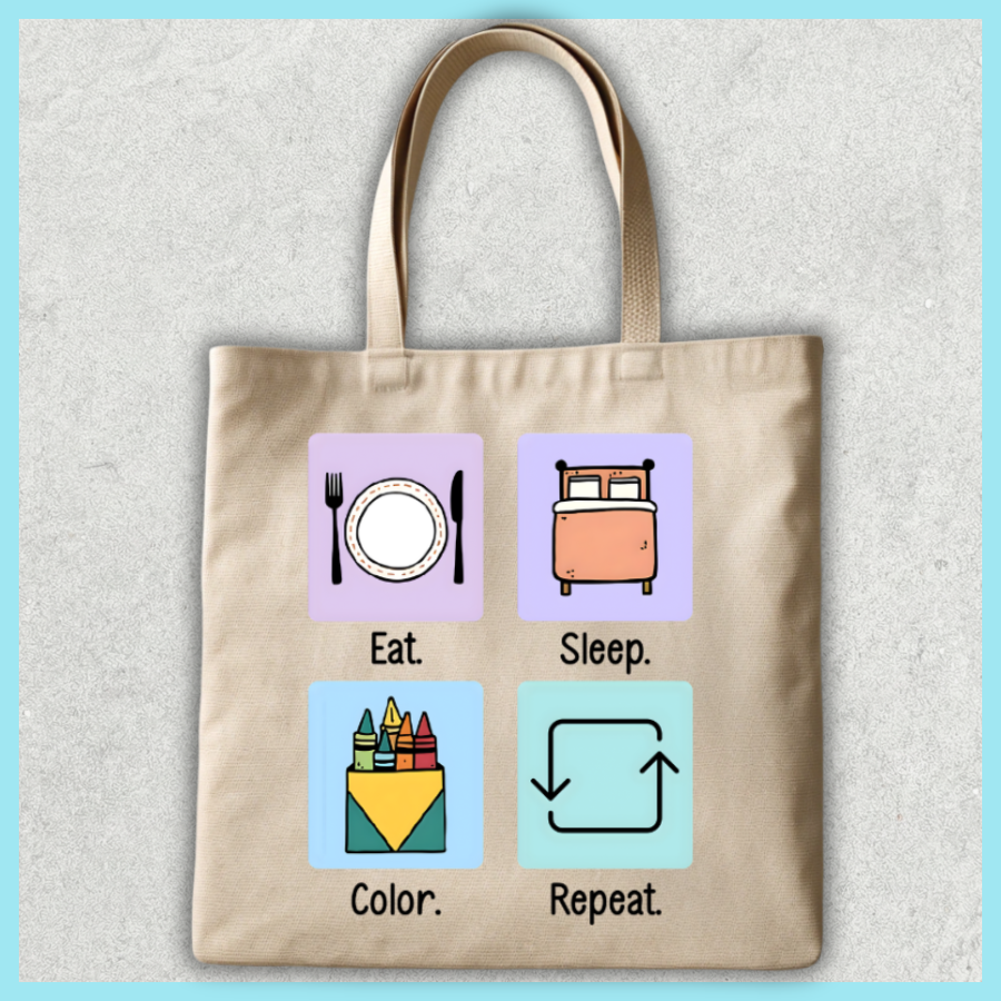 "EAT.SLEEP.COLOR.REPEAT" ICONS CANVAS TOTE BAG