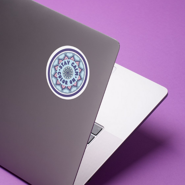 "STAY CALM, COLOR ON" MANDALA ROUND STICKER