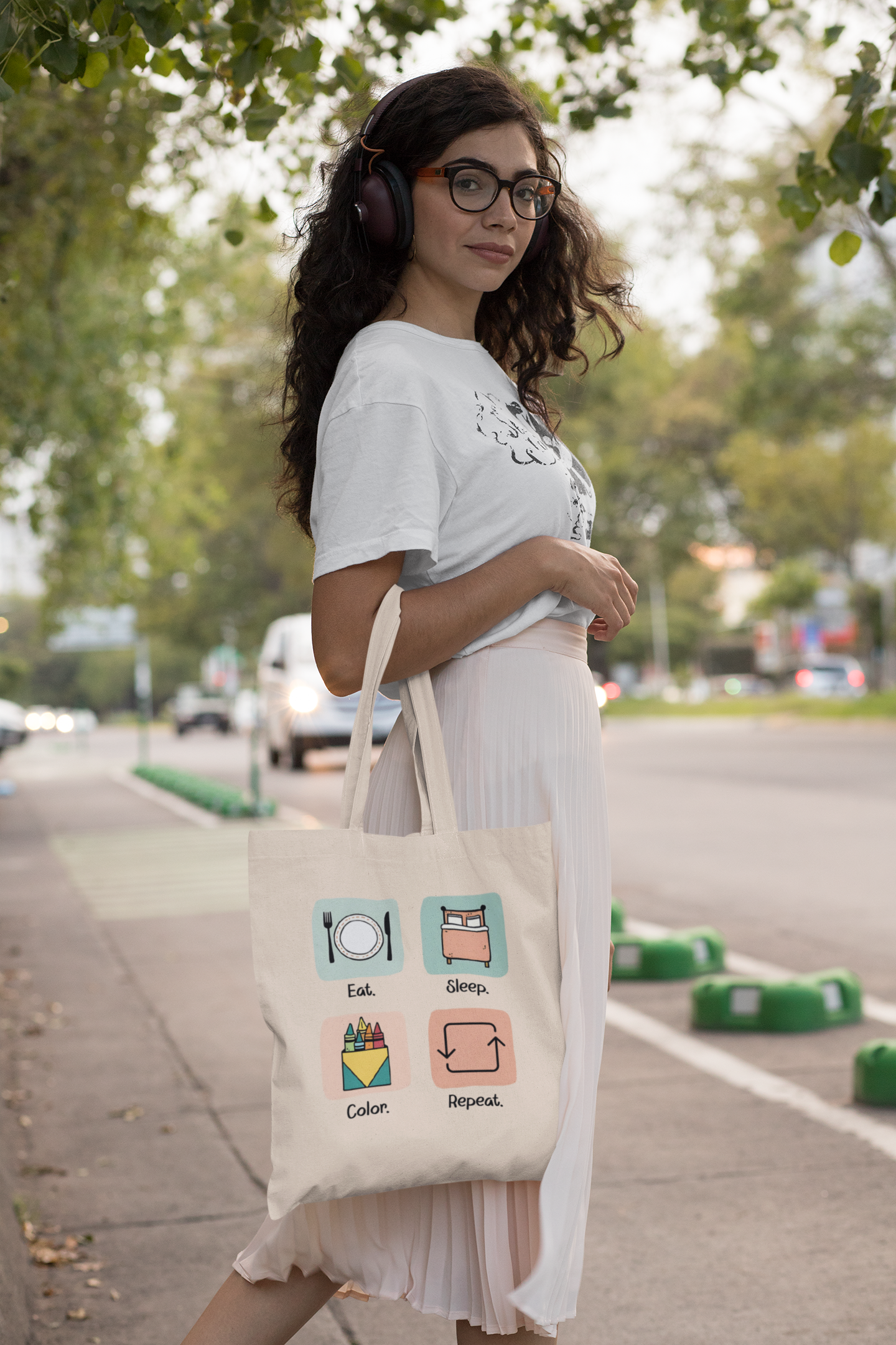 "EAT.SLEEP.COLOR.REPEAT" ICONS CANVAS TOTE BAG
