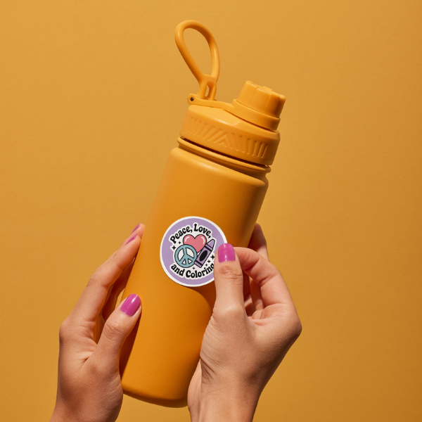 "PEACE, LOVE, AND COLORING" ROUND STICKER