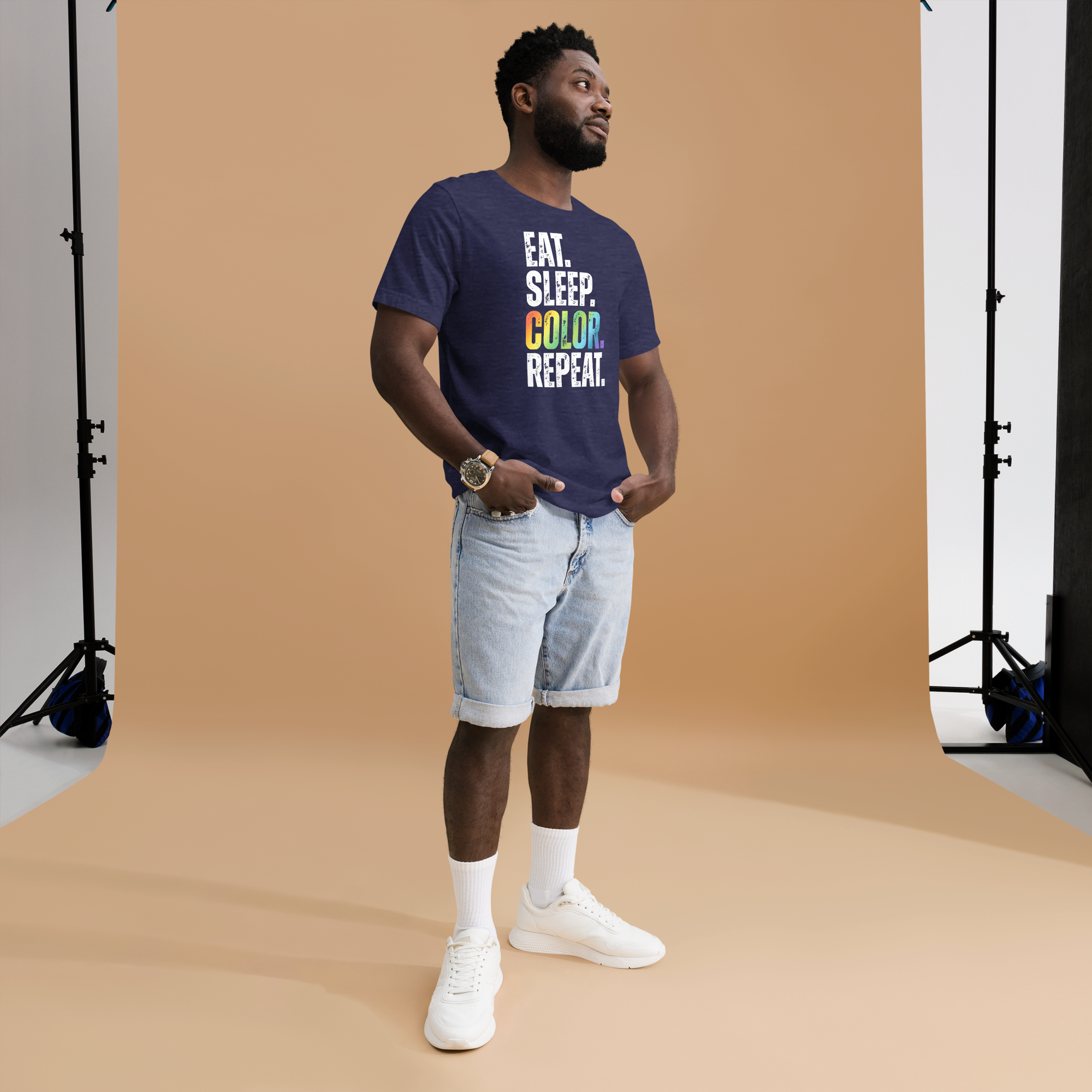 "EAT. SLEEP. COLOR. REPEAT." TEXTURED TYPOGRAPHY WHITE TEXT UNISEX T-SHIRT