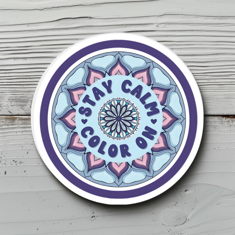 "STAY CALM, COLOR ON" MANDALA ROUND STICKER