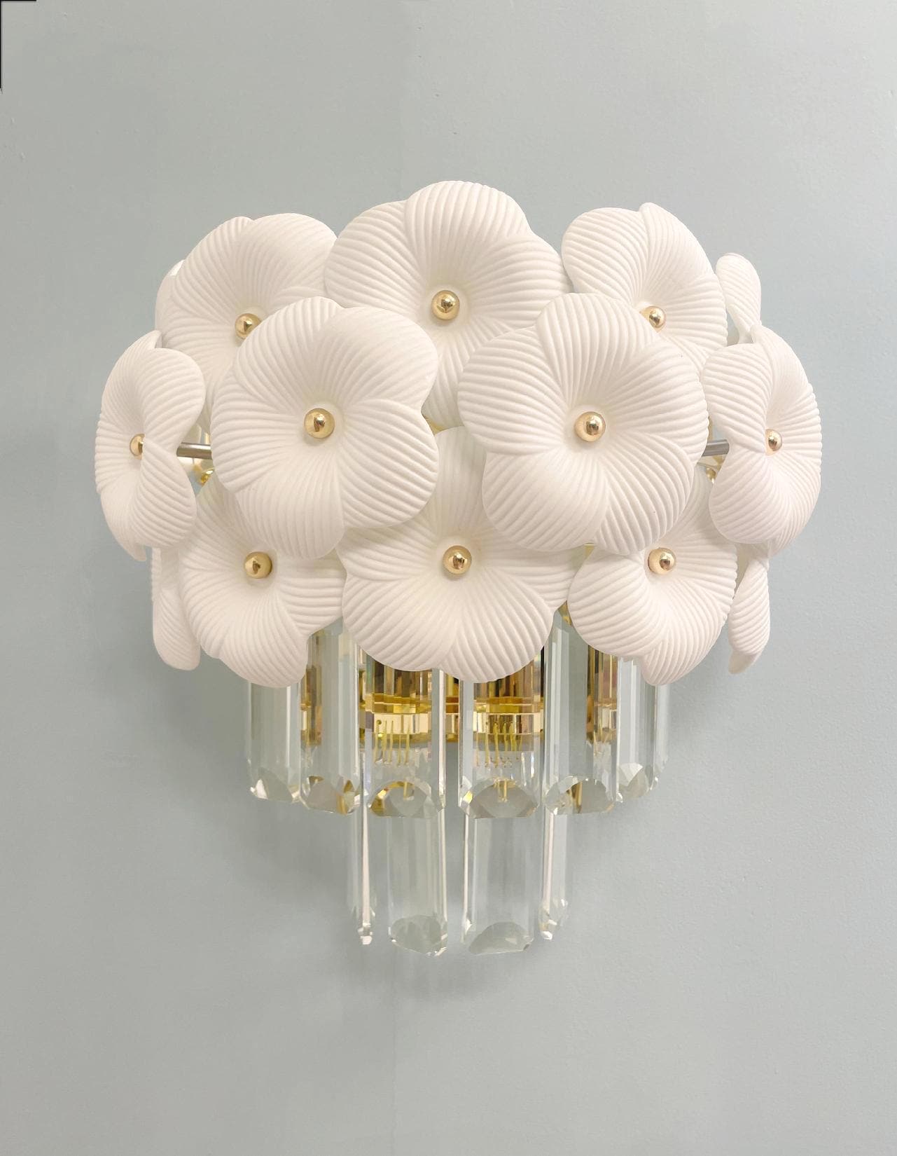 White Floral Wall Light – Elegant Crystal & Gold Wall Light for Bedroom or Living Room