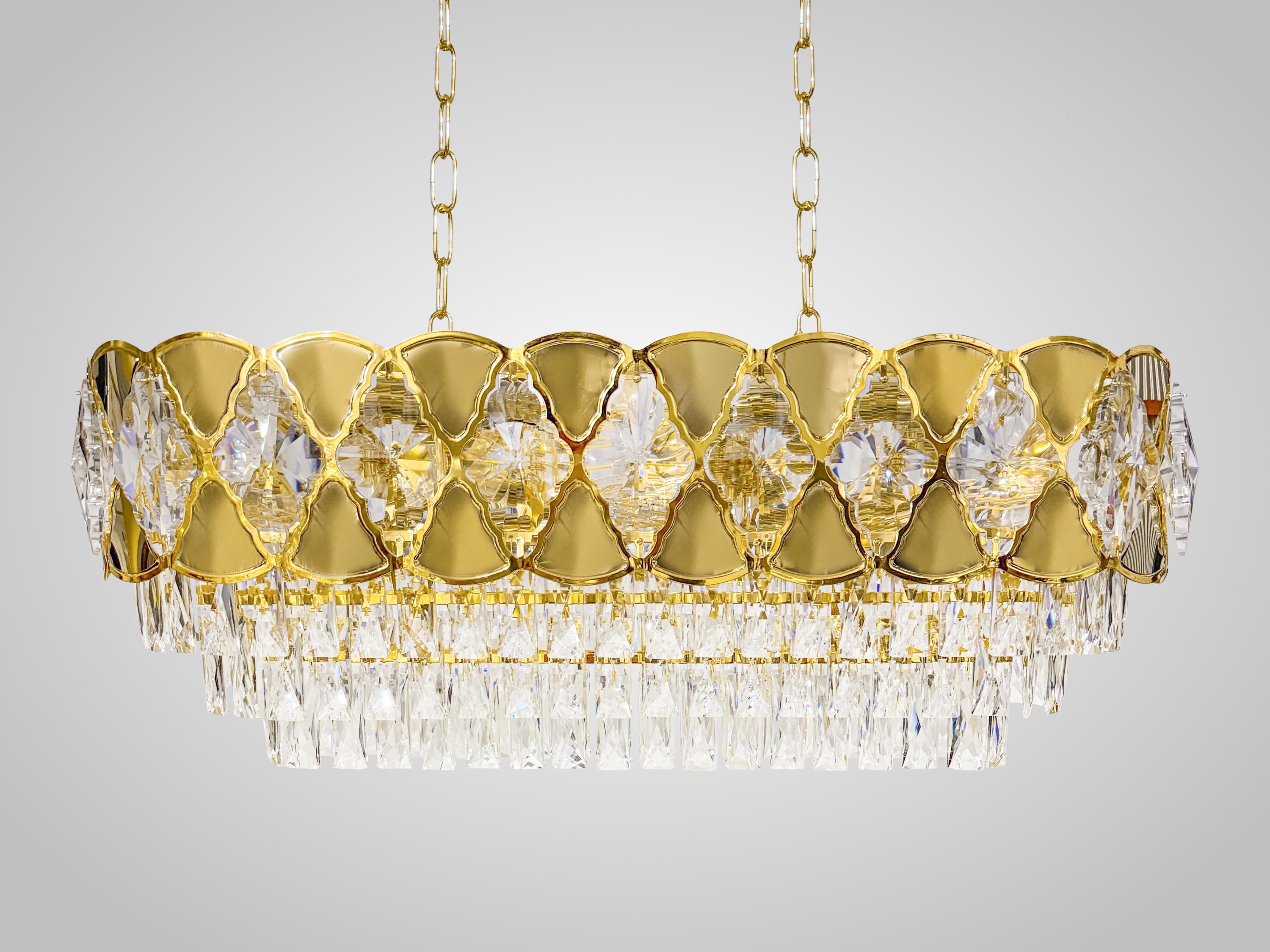Modern Gold Crystal Rectangle Chandelier – 31.5” Luxury Dining Room or Kitchen Island Light Fixture