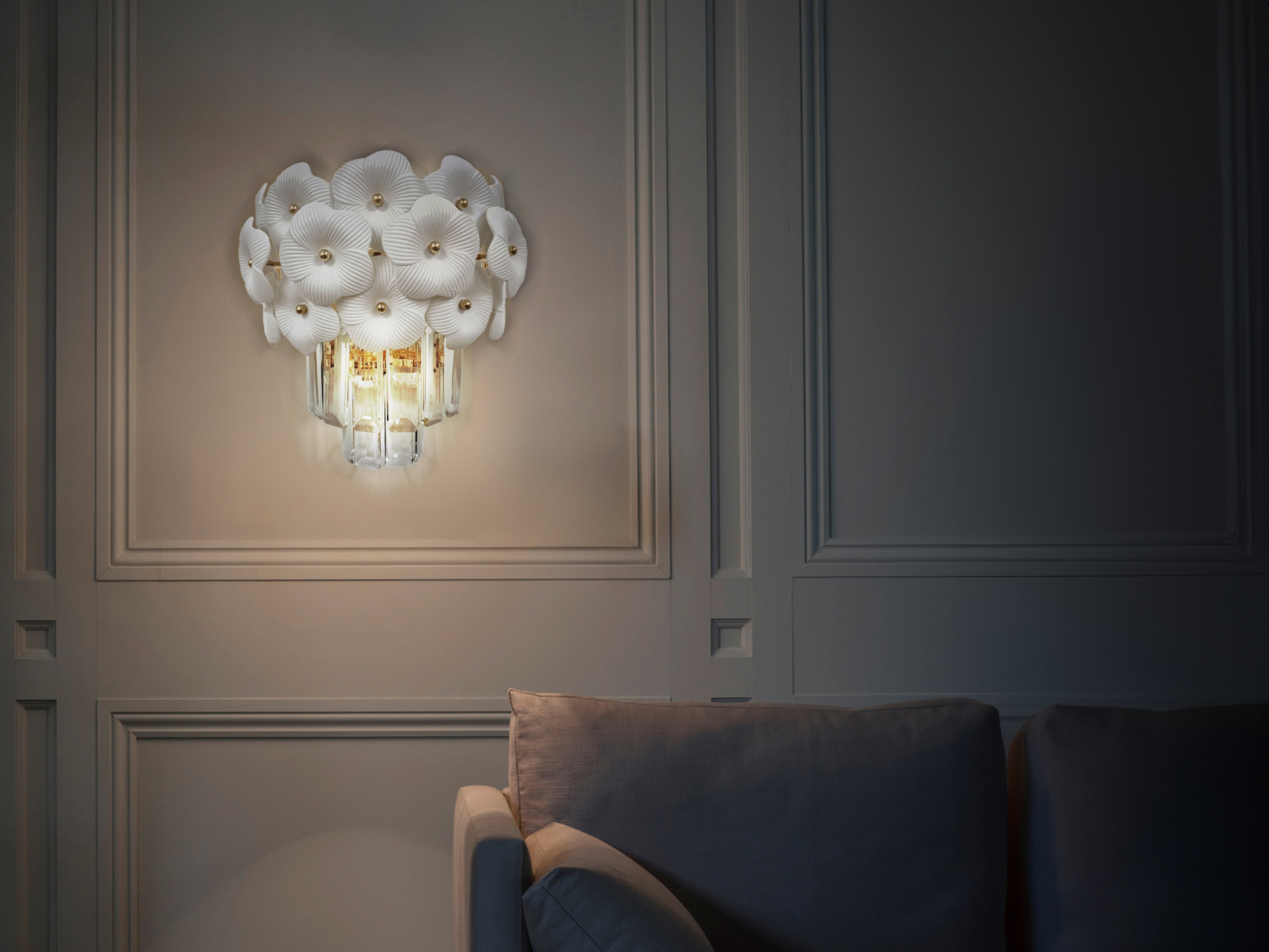 White Floral Wall Light – Elegant Crystal & Gold Wall Light for Bedroom or Living Room