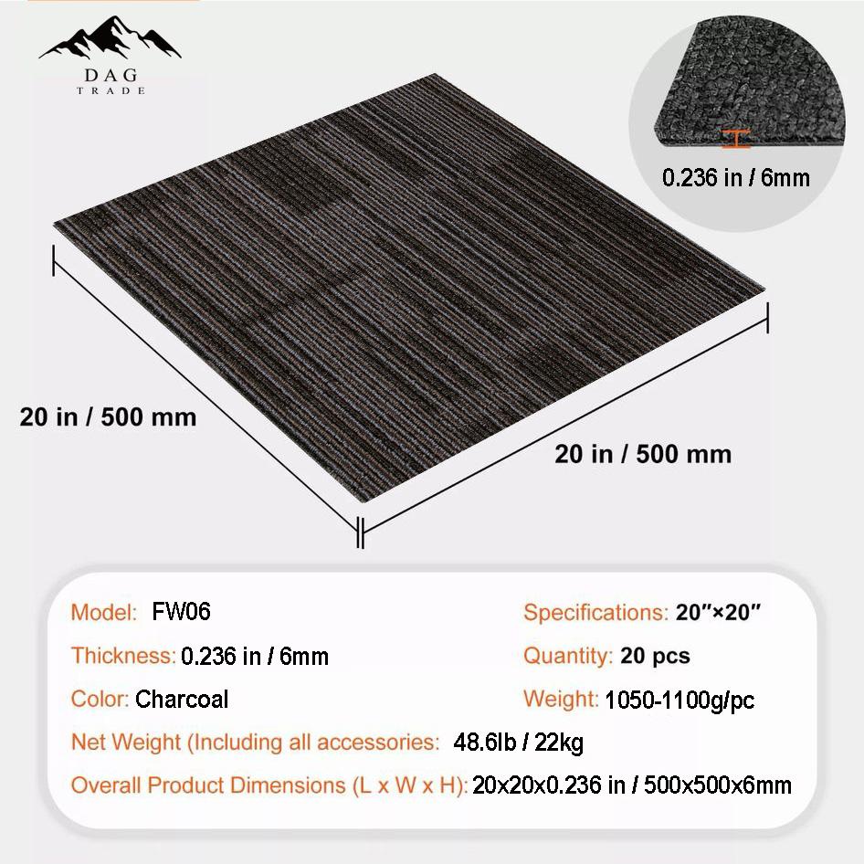 Charcoal 20" x 20" Premium Commercial Carpet Tile / Stain Resistant - Modern Striped Design