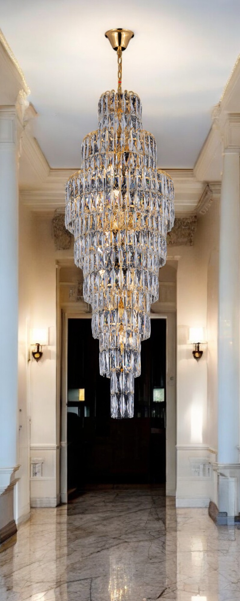 Elegant 59-Inch Tall Crystal Chandelier – Luxury Gold & Glass Pendant Light