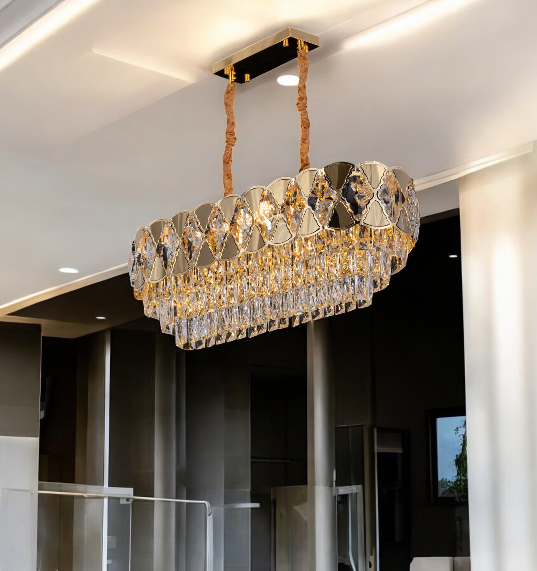 Modern Gold Crystal Rectangle Chandelier – 31.5” Luxury Dining Room or Kitchen Island Light Fixture