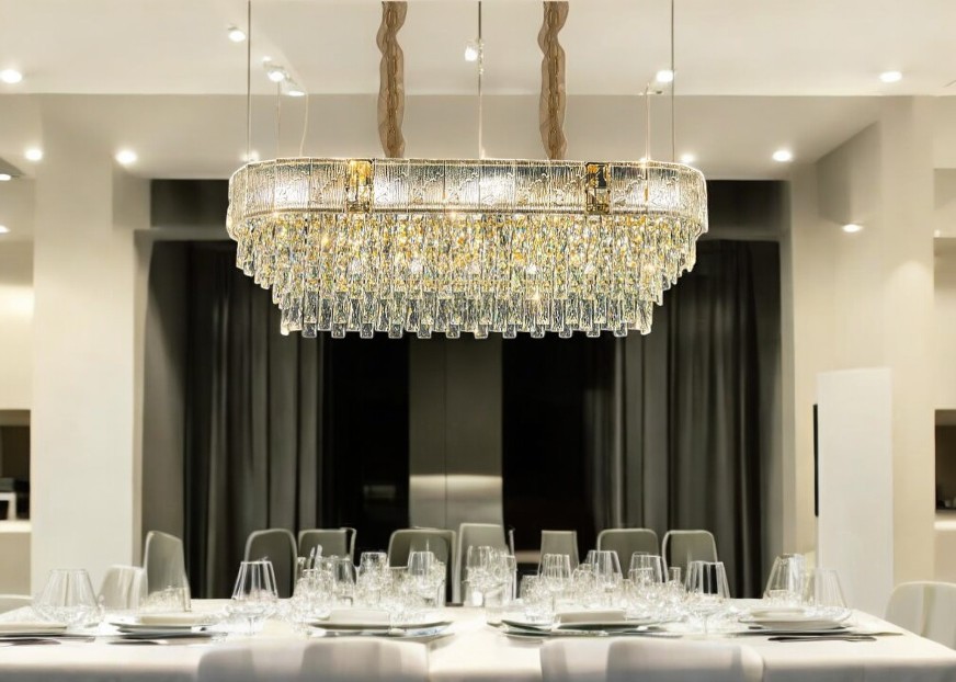 Crystal Rectangular Chandelier – Modern LED Ceiling Light for Dining Room, Living Room, Kitchen, Elegant Glass Pendant Lighting