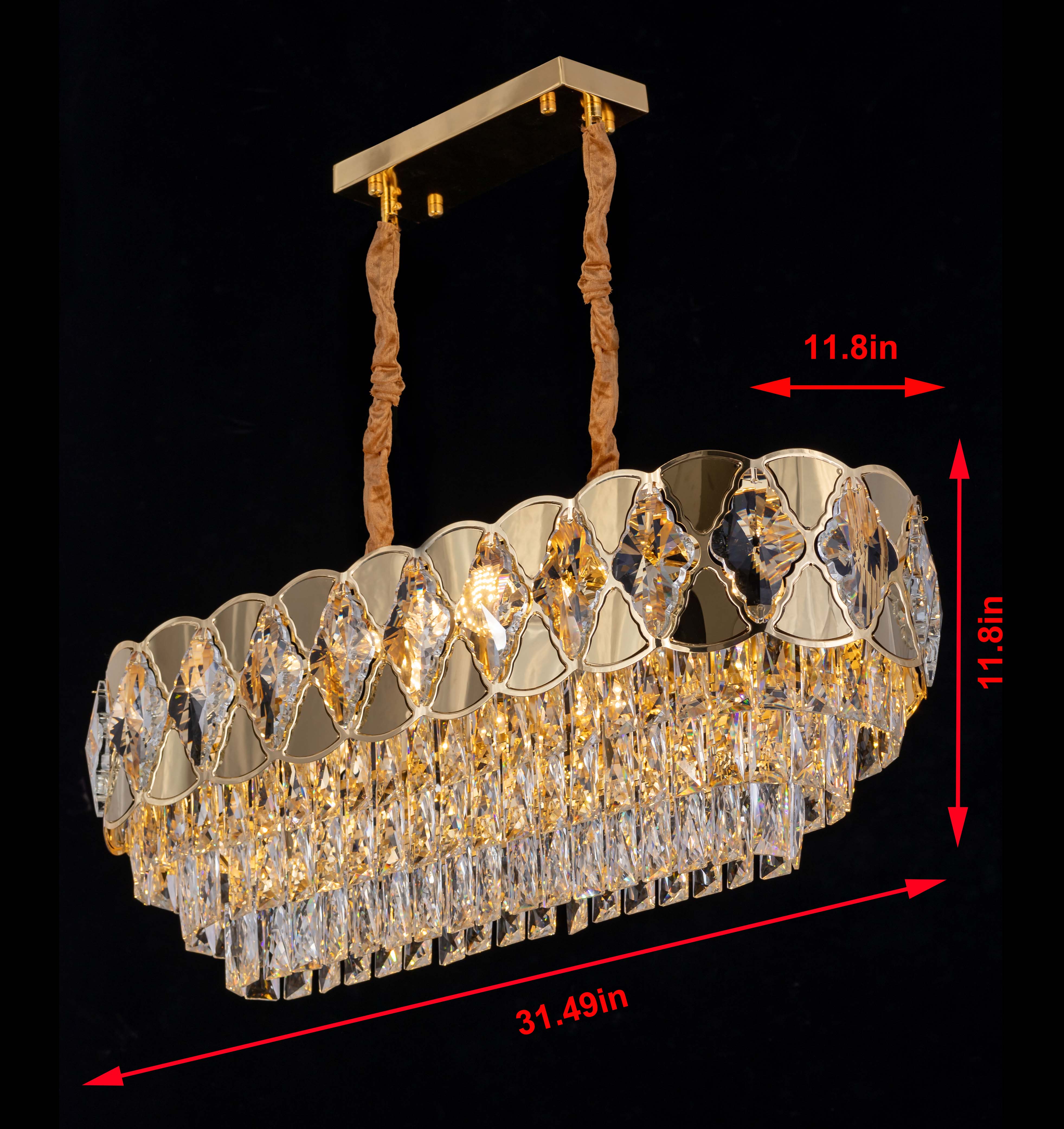 Modern Gold Crystal Rectangle Chandelier – 31.5” Luxury Dining Room or Kitchen Island Light Fixture