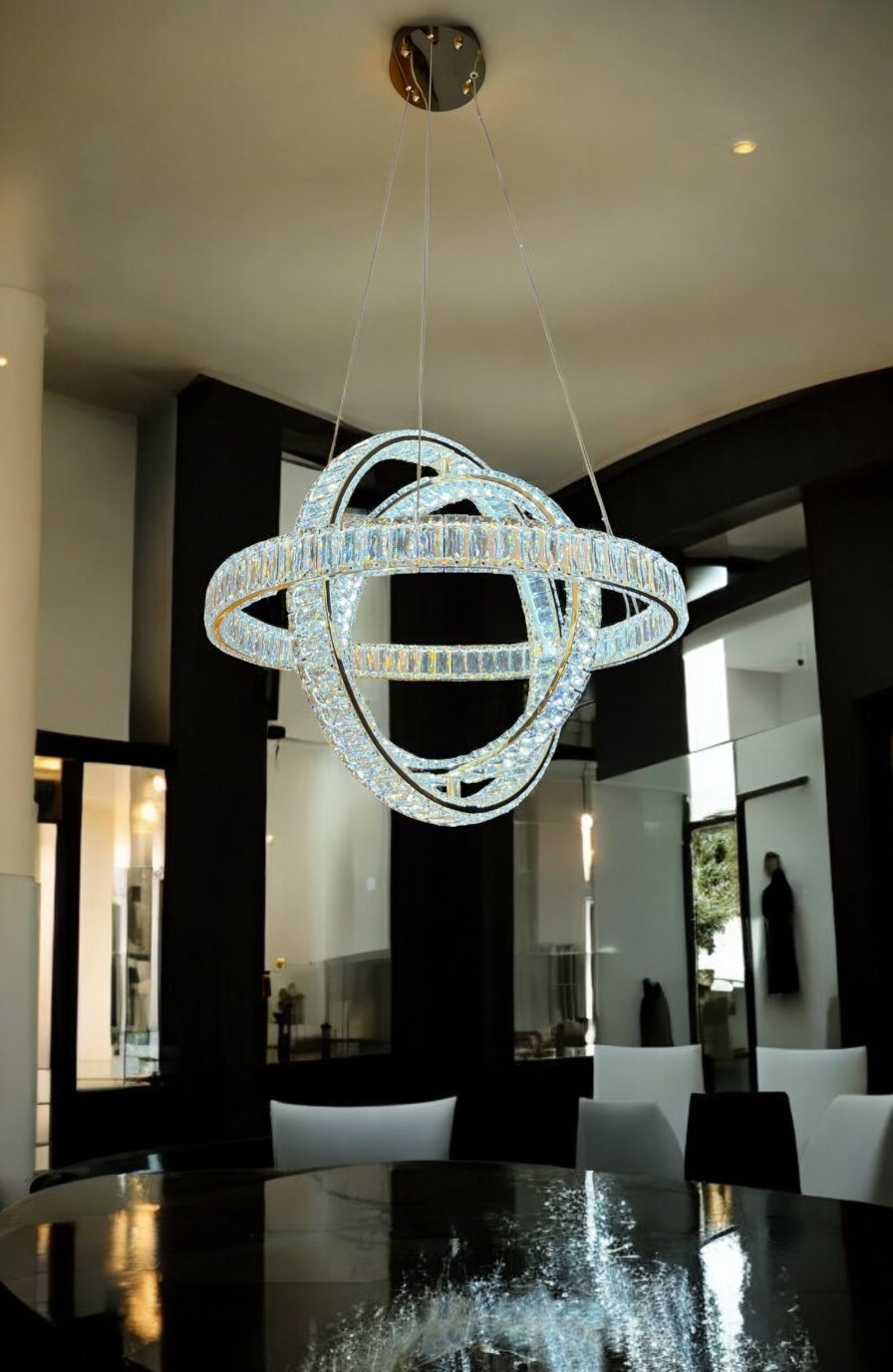 Crystal LED Chandelier – Orbit Design Pendant Light for Dining Room & Living Room