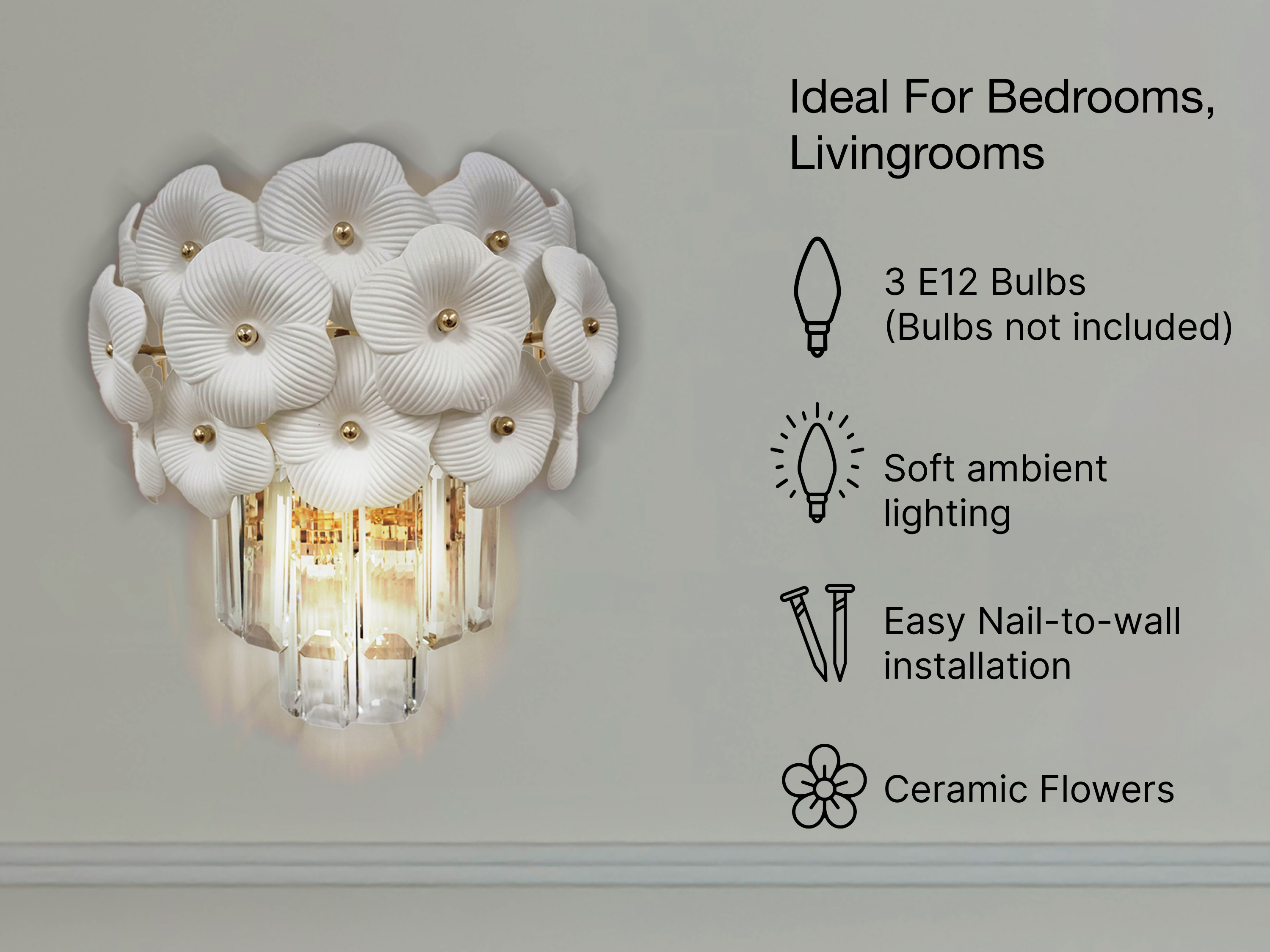 White Floral Wall Light – Elegant Crystal & Gold Wall Light for Bedroom or Living Room