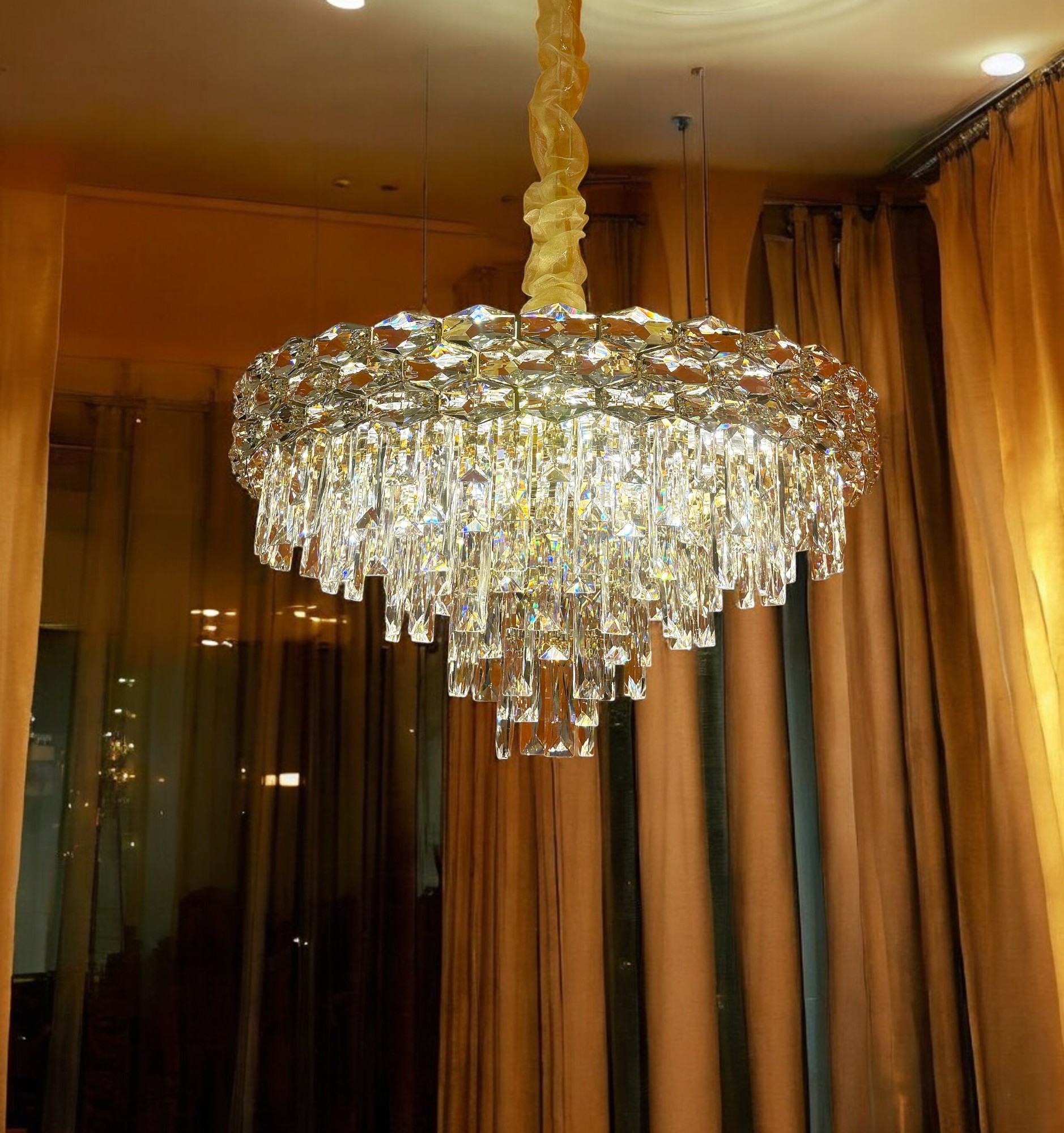 Round Crystal Chandelier – Modern LED Ceiling Light for Dining Room, Living Room, Foyer, Elegant Hanging Pendant Light