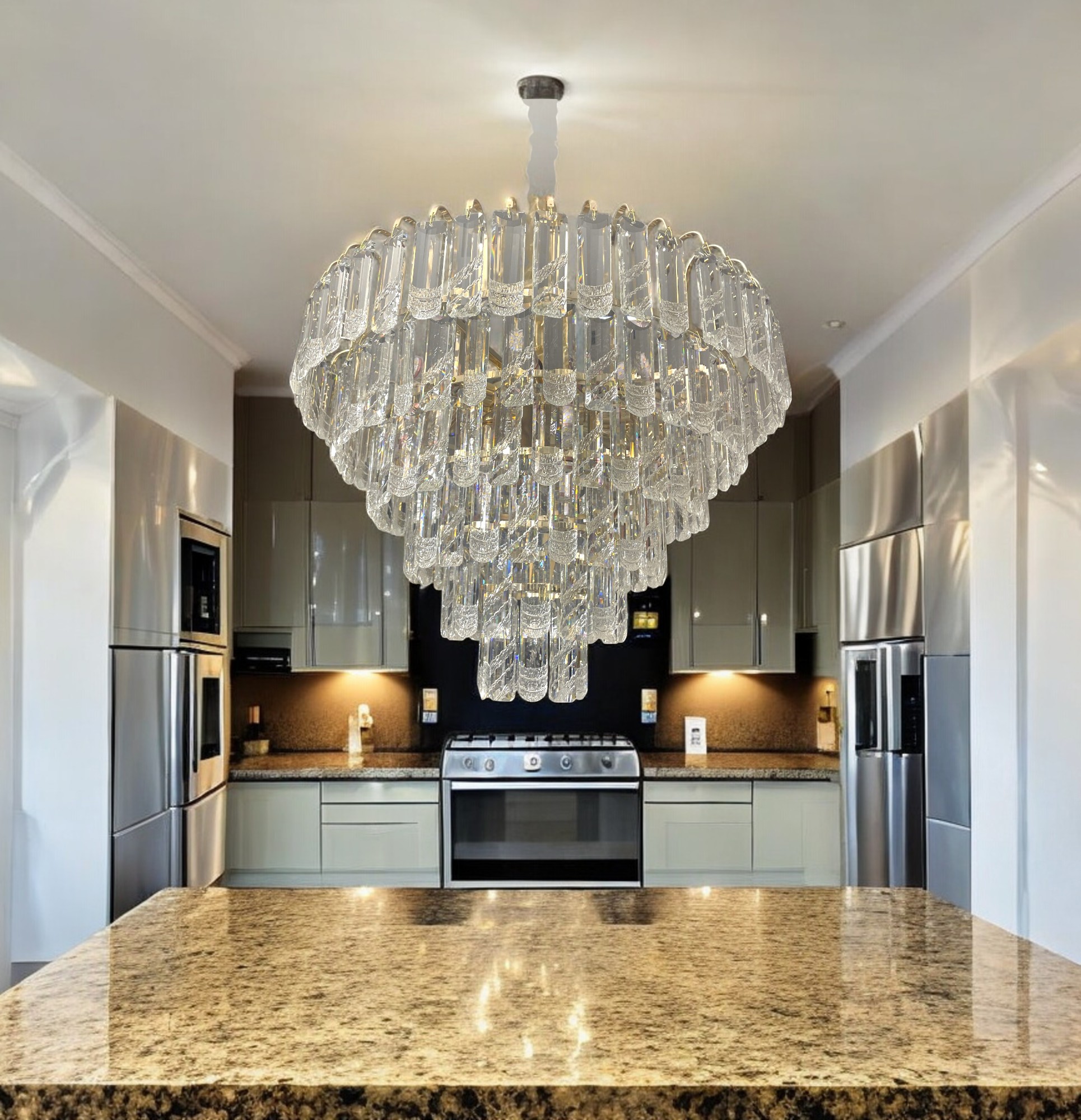 Luxury Crystal Tiered Chandelier – Wide Modern Round Pendant Light for Dining Room, Living Room