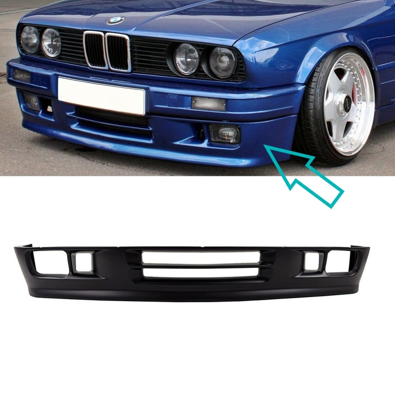 Išskirtinis sportinis priekinis apatinis bamperis su juodu spoileriu, tinkantis BMW 3 serijos E30 M-Paketui II.