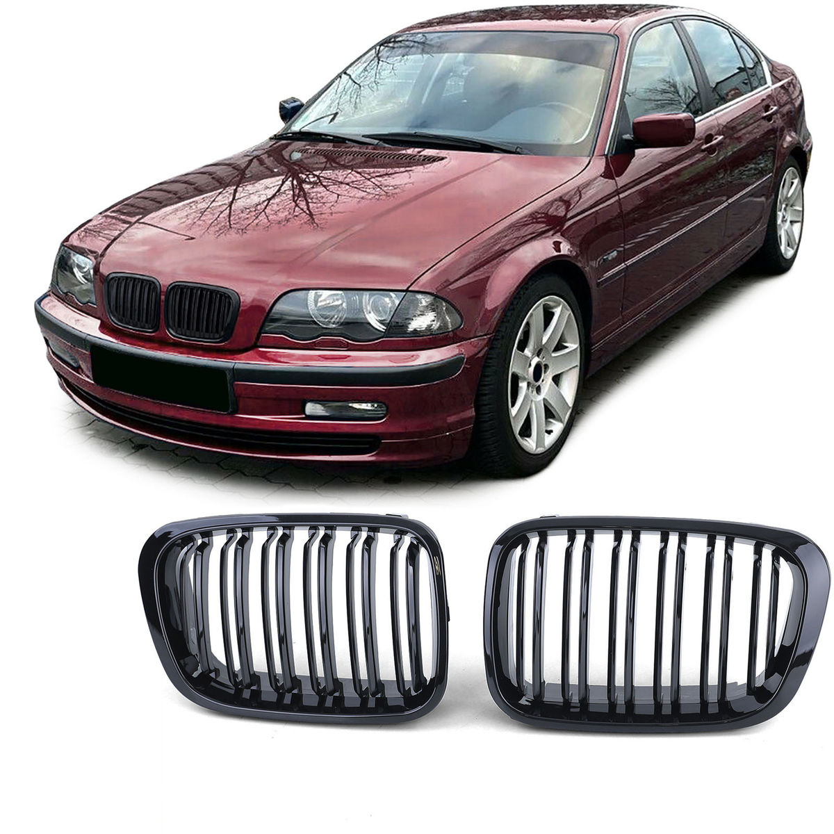 Juodos blizgios dvigubos grotelės, skirtos BMW E46 Sedan / Touring 98-01