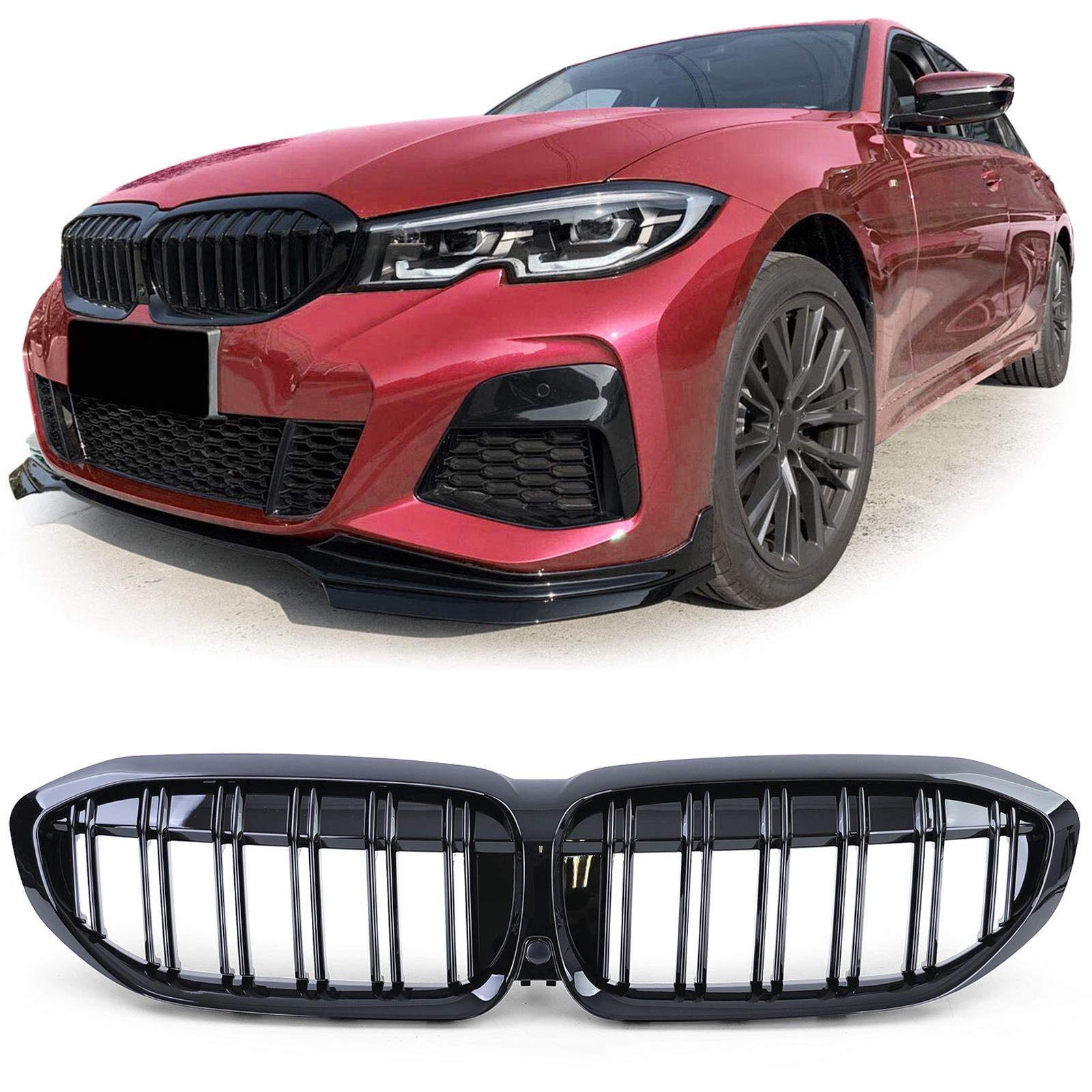 Sportinės radiatoriaus grotelės su dvigubu lanku, blizgiu paviršiumi, tinkamos 3 serijos BMW G20 G21 modeliams nuo 18 metų.